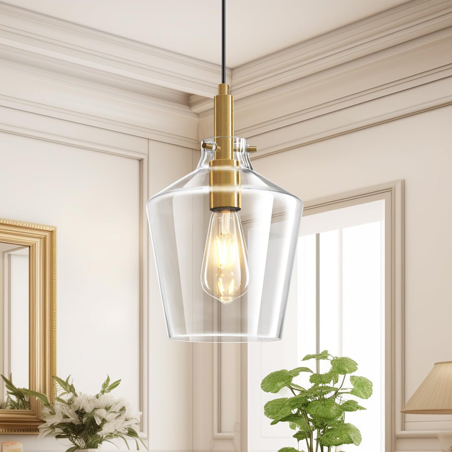 Vaziden Modern Glass Pendant Lighting for Kitchen Island, Farmhouse Gold Pendant Light Fixtures 1 Pack, Adjustable Hanging Ceiling Light Angled Clear Glass Shades 8 Inch