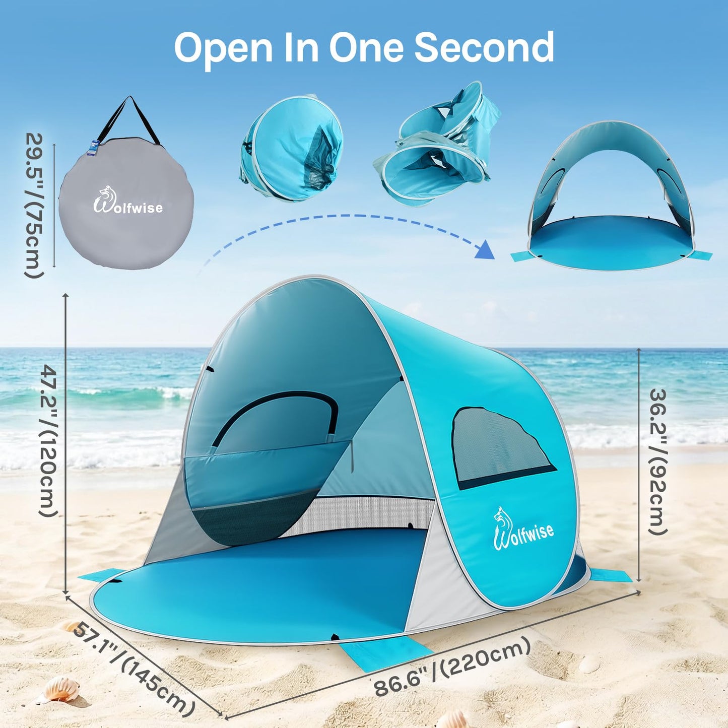 Wolfwise Pop up Beach Tent Sun Shelter with UPF50+ UV Protection, Instant Easy Setup Popup Beach Shade Canopy for 3 Person, Portable & Foldable with Carring Bag, 87 ×57×47 in, Blue