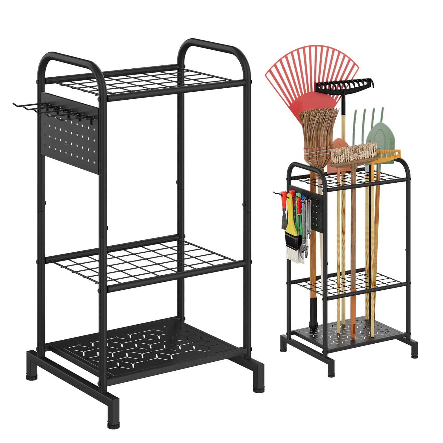 PULIJIAJU Garden Tools Organizer Rack, Yard Tool Rack, Heavy Duty Steel Yard Tool Organizer and Storage Holder Broom Holder for Shed, Patio, Outdoor (Rack with Hooks)