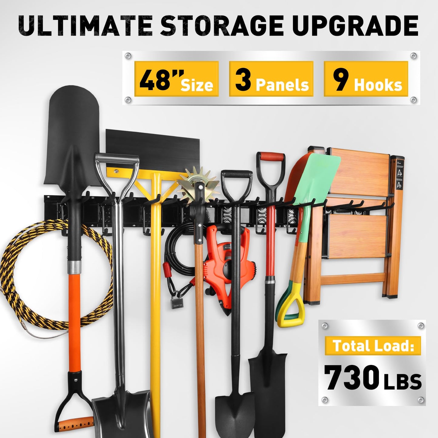 ELEAD 9-Pairs Heavy Duty Garage Tool Organizer Wall Mount Hooks, 48 Inches 730 lbs Garden Tool Organizer with Adjustable Hooks, Yard Tools Organizers for Garden, Yard, and Shed