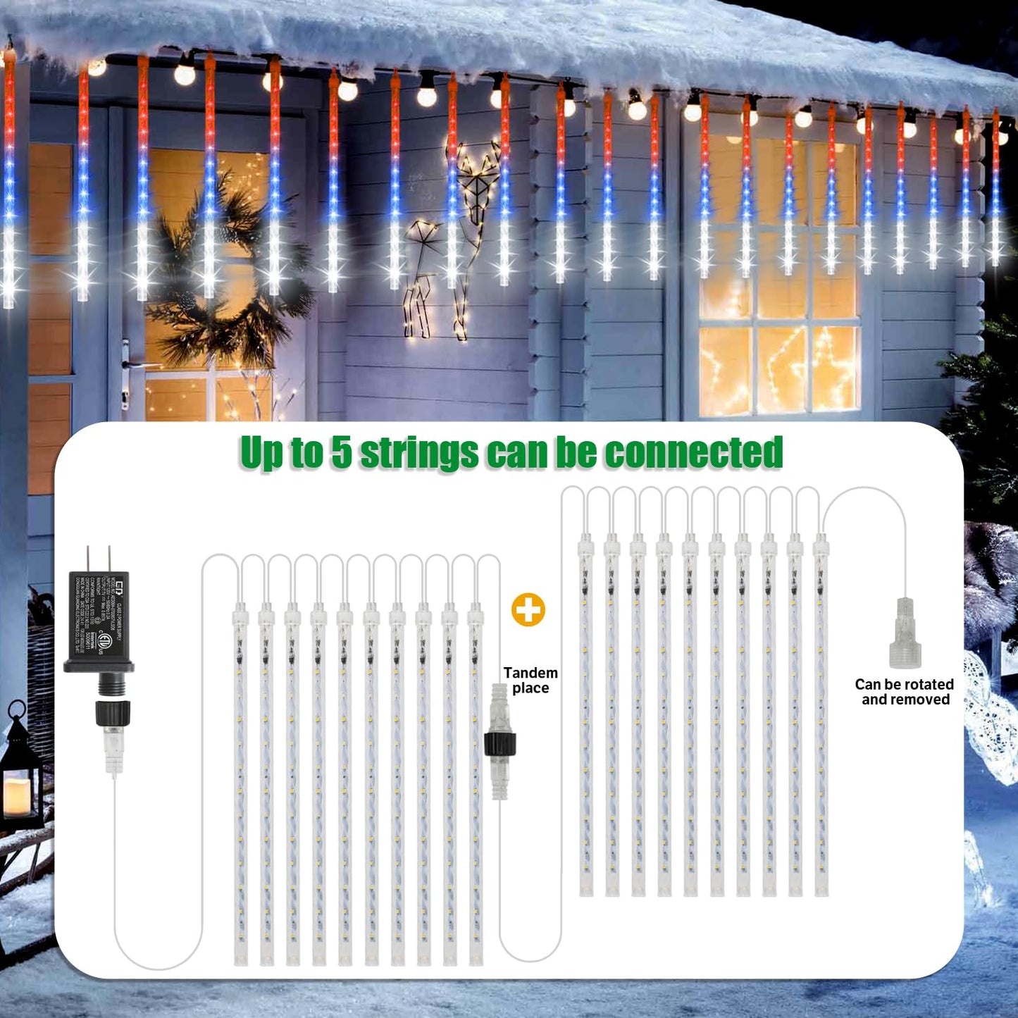 LAMPHOME 12in Red White Blue Patriotic Icicle Lights, 4th of July Outdoor Lights Meteor Shower Snow Falling Lights 10 Tubes 240 LED Waterproof Plug in, Fourth of July Outdoor Decor for Yard Tree House