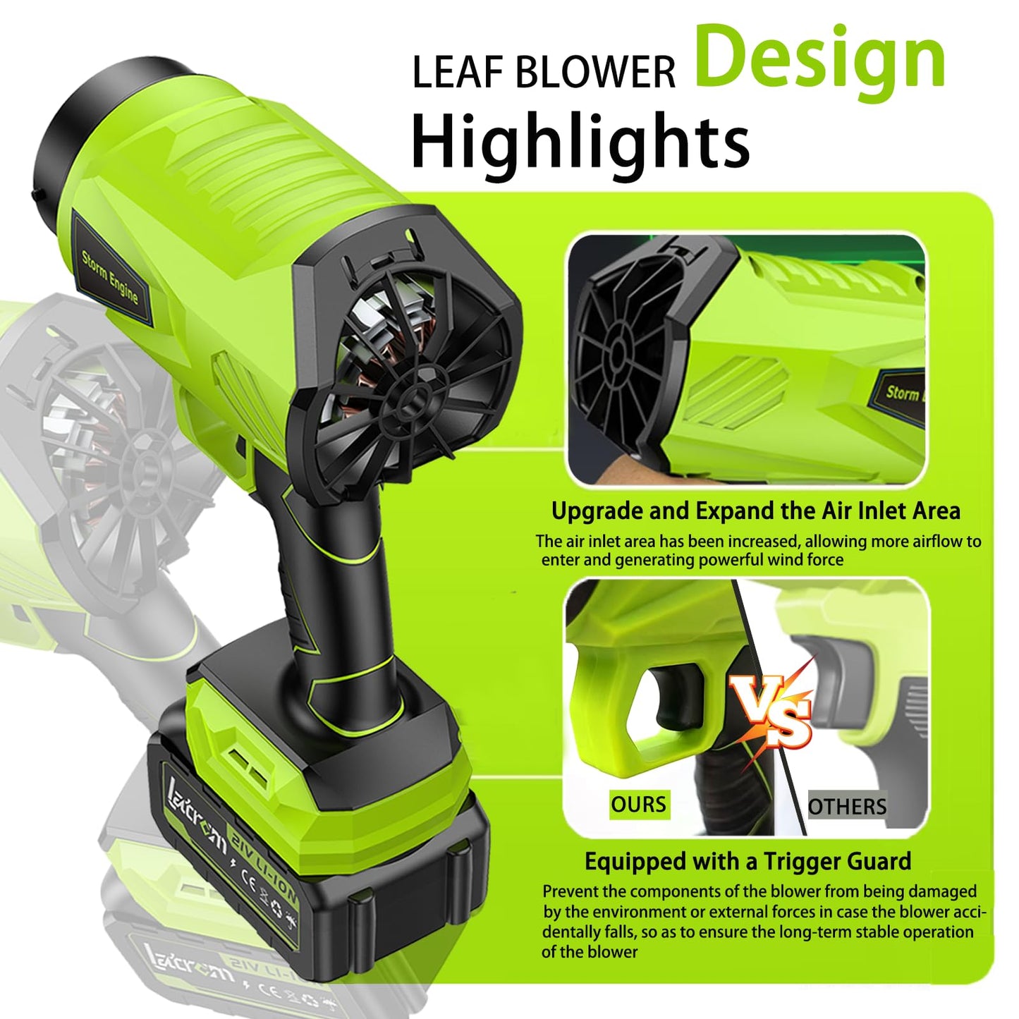Leaf Blower Cordless with Battery and Charger 1000,000 RPM Handheld Lightweight Patio Cleaning Blower Set Extended Nozzle Design Blowing Leaves and Dust Car Dryer (Green)