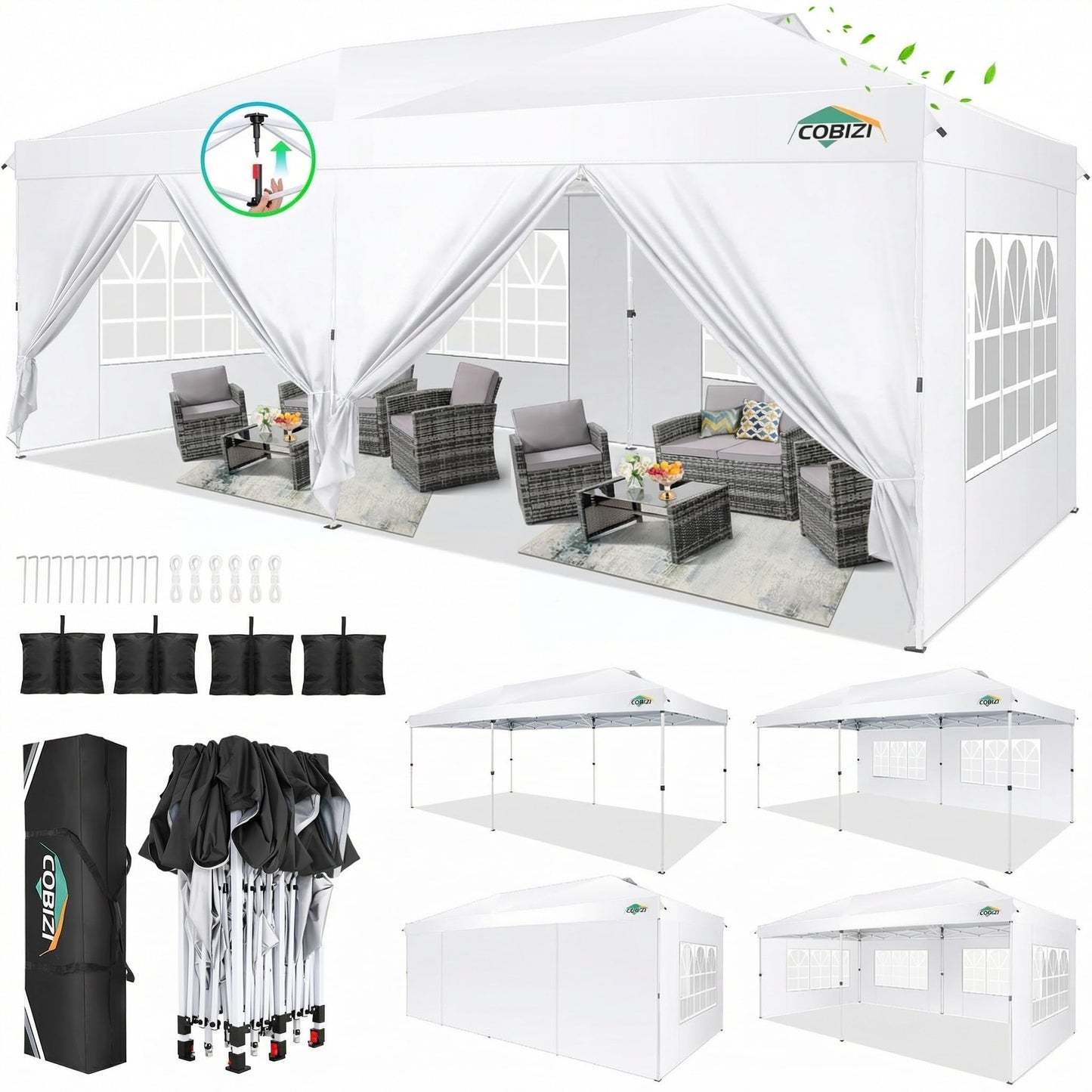 COBIZI 10x20 Pop Up Canopy Tent, One Push Easy Up Gazebo with 6 Removable Sidewalls & Air Vent, Waterproof UV50+ Commercial Canopy with 4 Sandbags, Stakes & Ropes for Parties/Camping/Backyard,White