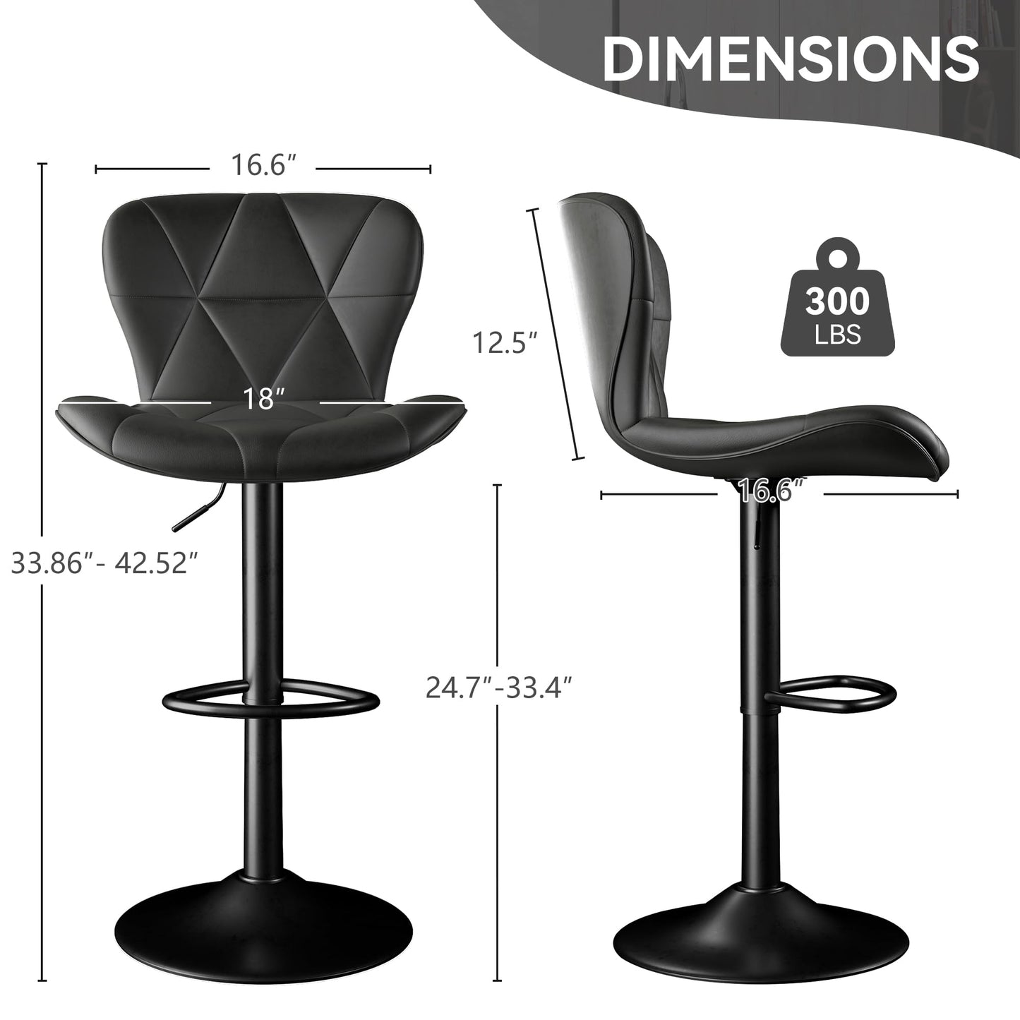 Daluvenix Bar Stools Set of 2,Adjustable Swivel Barstools, Faux Leather Bar Chairs,Upholstered Counter Height with High Backrest for Kitchen Island, Black