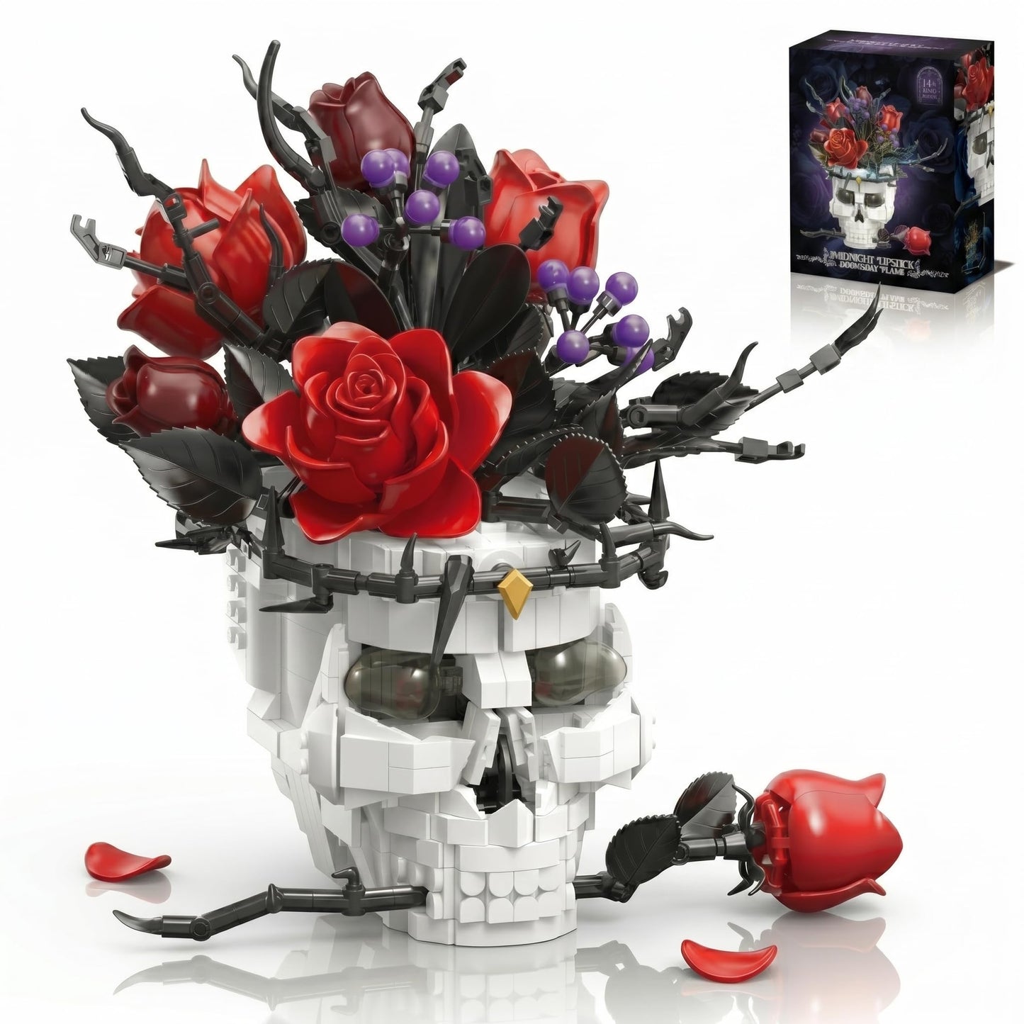 Gothic Skull Rose Building Set for Adults, Skull Home Decor for Table Shelf Centerpiece, Compatible with Lego Skull Flowers Horror Set, Halloween & Valentine's Day Gift for Teens Adult