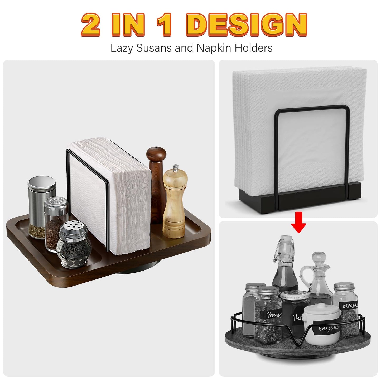Gomyrod Napkin Holder for Table, Rotating Metal Napkin Dispenser with Salt and Pepper Shakers Caddy Standing Paper Towel Holder for Bathroom Kitchen Dining Table Decor Not Including Shakers