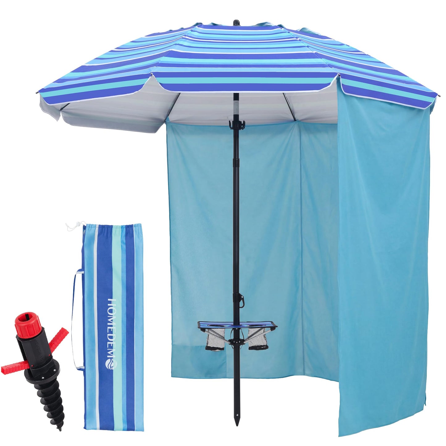 HOMEDEMO 7FT Beach Umbrella with Curtain, Beach Umbrella for Sand with Large Spiral Sand Anchor & Carry Bag, Heavy Duty Windproof Outdoor Umbrellas, UPF 50+ Protection, Parasol, Navy Blue Stripe