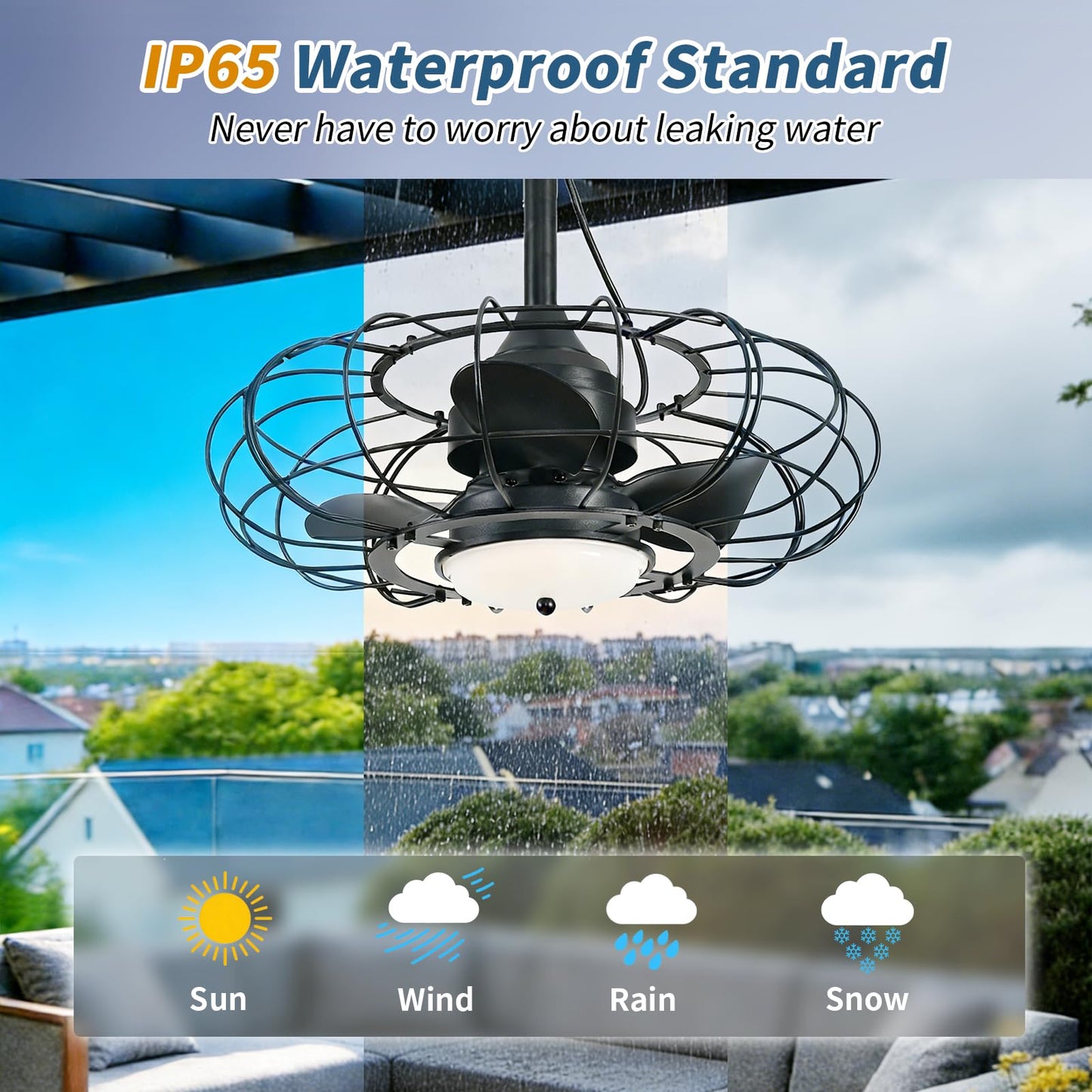 AHAWILL Outdoor Ceiling Fan with Light,20in Gazebo Fan with Remote and APP, 6 Speed,Dimmable 3 Color,Waterproof Cage Fan for Patio,Porch, Pergola,Canopy (dark black)