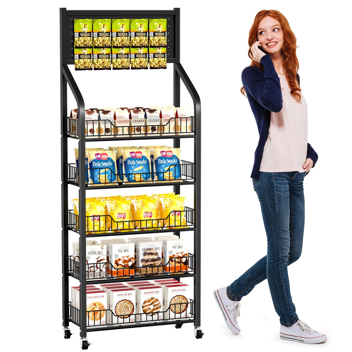 POIUNA 65" 5 Tier Snack Rack Display Stand with Hooks & Wheels, Metal Retail Display Shelf for Chips, Snacks, Candy, Metal Snack Shelf for Store Home Kitchen Store Organizer (60cm-black)