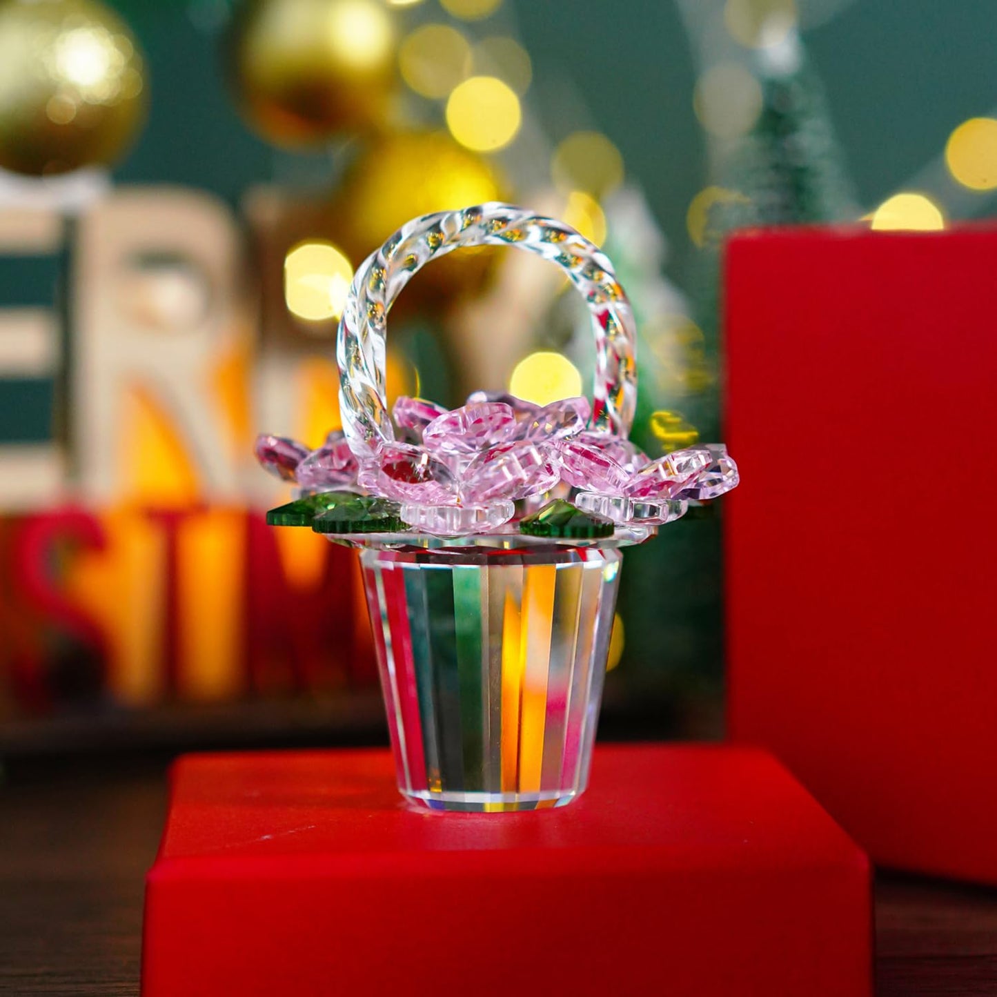 H&D HYALINE & DORA Crystal Pink Flower Basket Figurine,Crystal Gifts for Women, Glass Flower Collectible Figurines for Home Wedding Christmas Decor(with 5 Flowers)