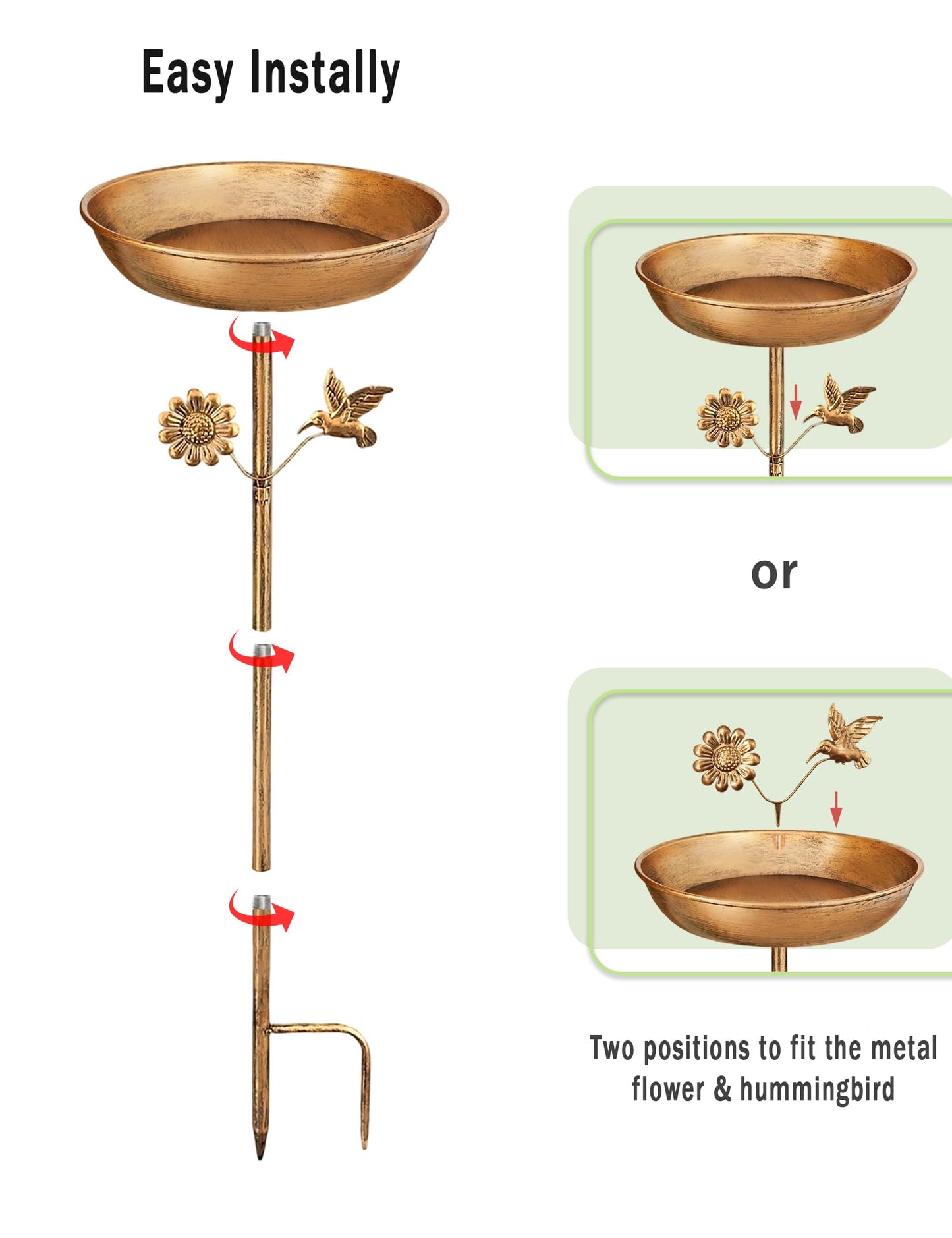 Freestanding Bird Bath with Metal Stake - 11” Antique Bronze Metal Birdbath Bowl & Feeder for Outdoor Garden Yard Decor