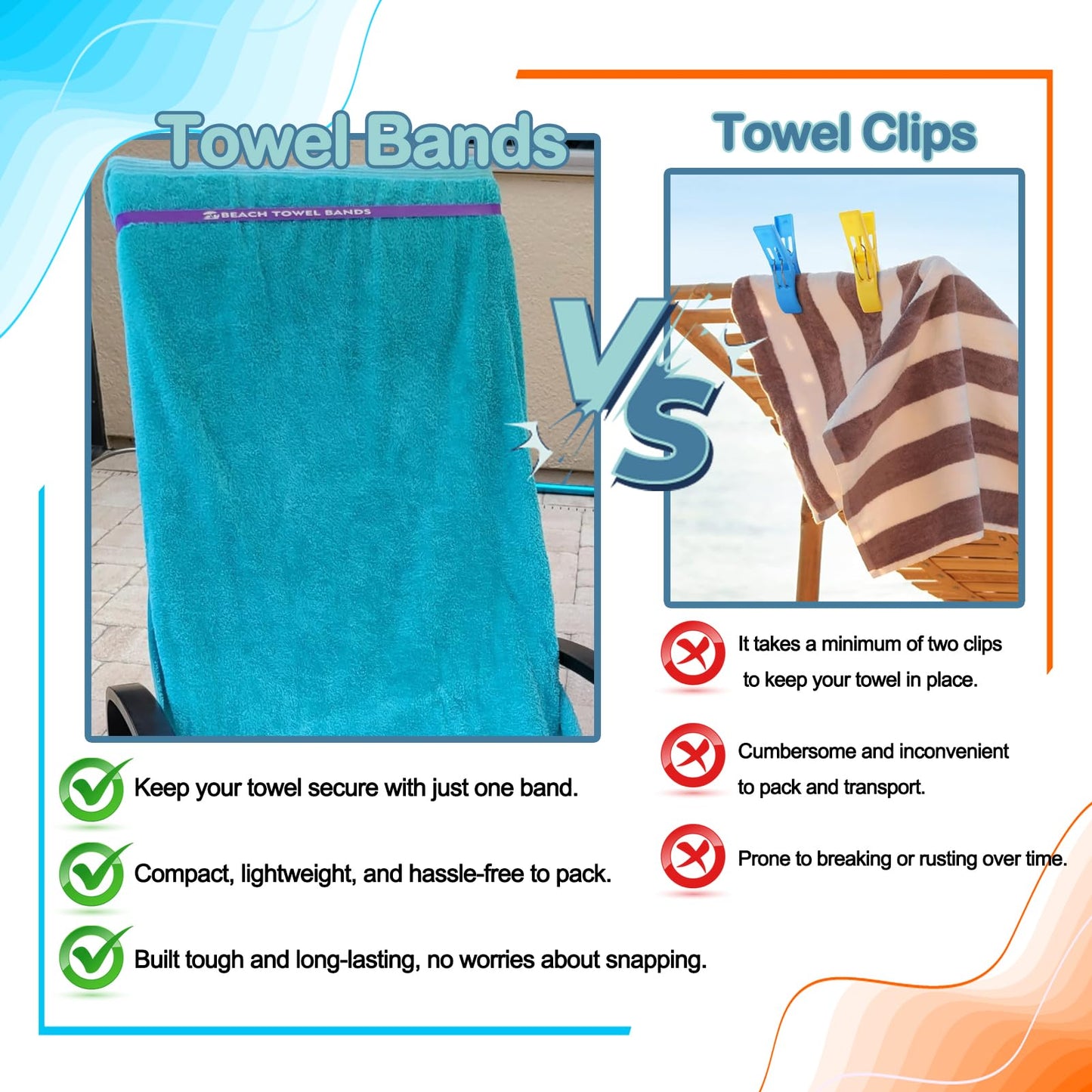 Tailoreadily 6 Pack Towel Bands, Beach Pool Cruise Chair Essentials, Keep Towels from Blowing Away, Beach Accessories for Vacation Must Haves, Great Alternative to Secure Clips, Multicolor