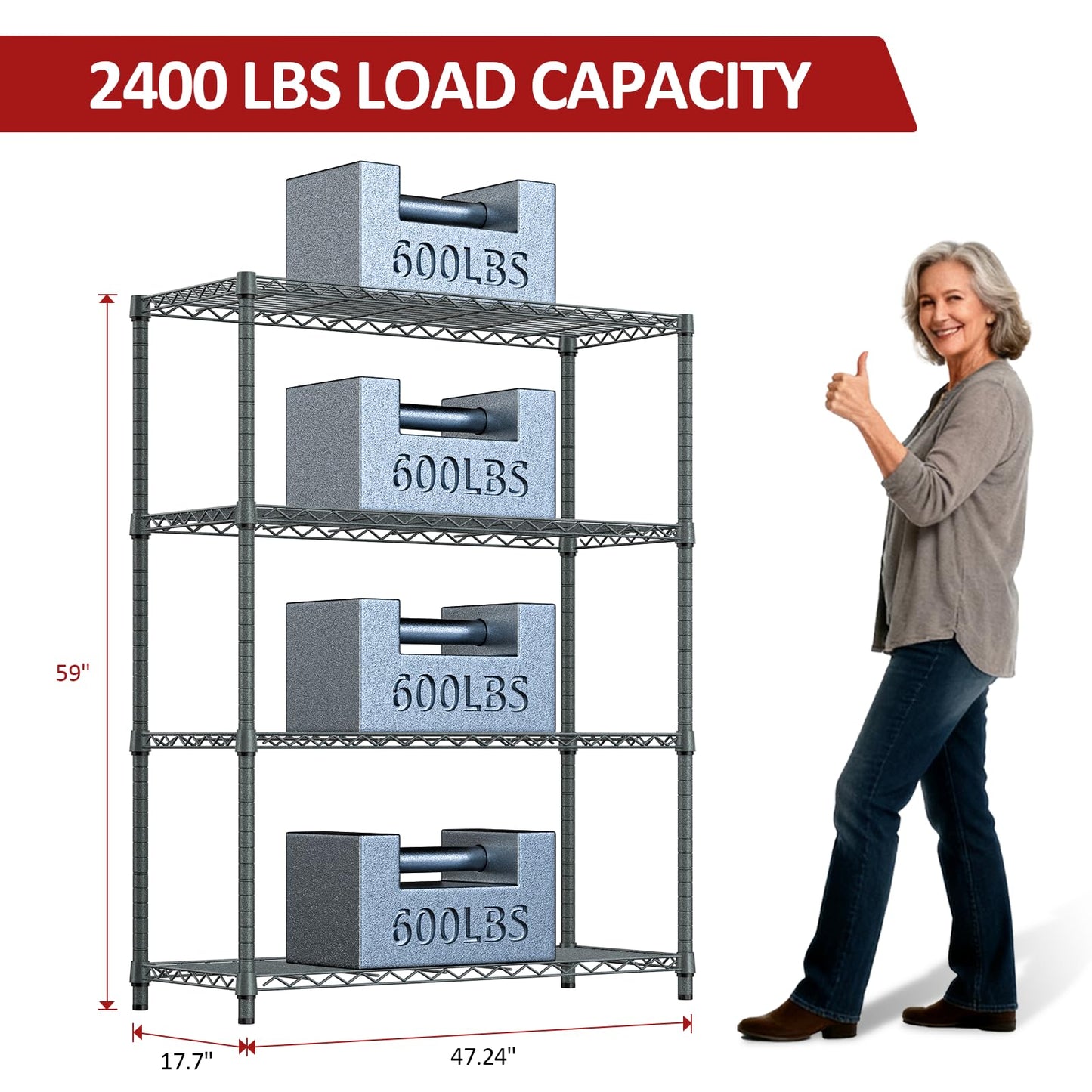 IZEUK Outdoor Metal Storage Shelving Unit, 4-Tier Heavy Duty Wire Rack Organizer with Rust-Resistant and Corrosion-Proof Coating (Grey, 17.7" D x 47.24" W x 59" H)