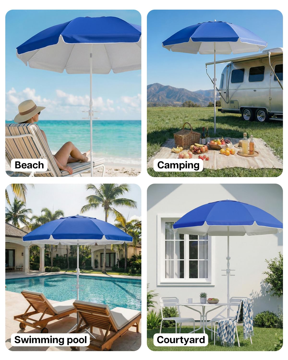 paramondo Portable Beach Umbrella with Cup Holder - 6.5FT Blue and White Striped Sun Umbrella, Adjustable Aluminum Alloy Pole, Windproof & UV Protection for Sand, Patio, and Backyard, Solid Blue