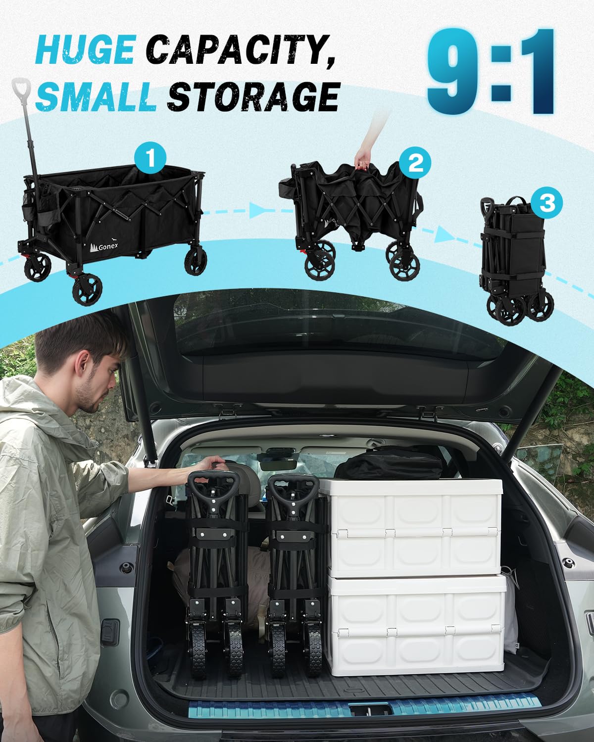 Gonex 38''L Collapsible Foldable Wagon Cart with 360lbs Weight Capacity,220L Folding Utility Garden Cart with Detachable Wheels for Grocery Sports Shopping Camping - Black
