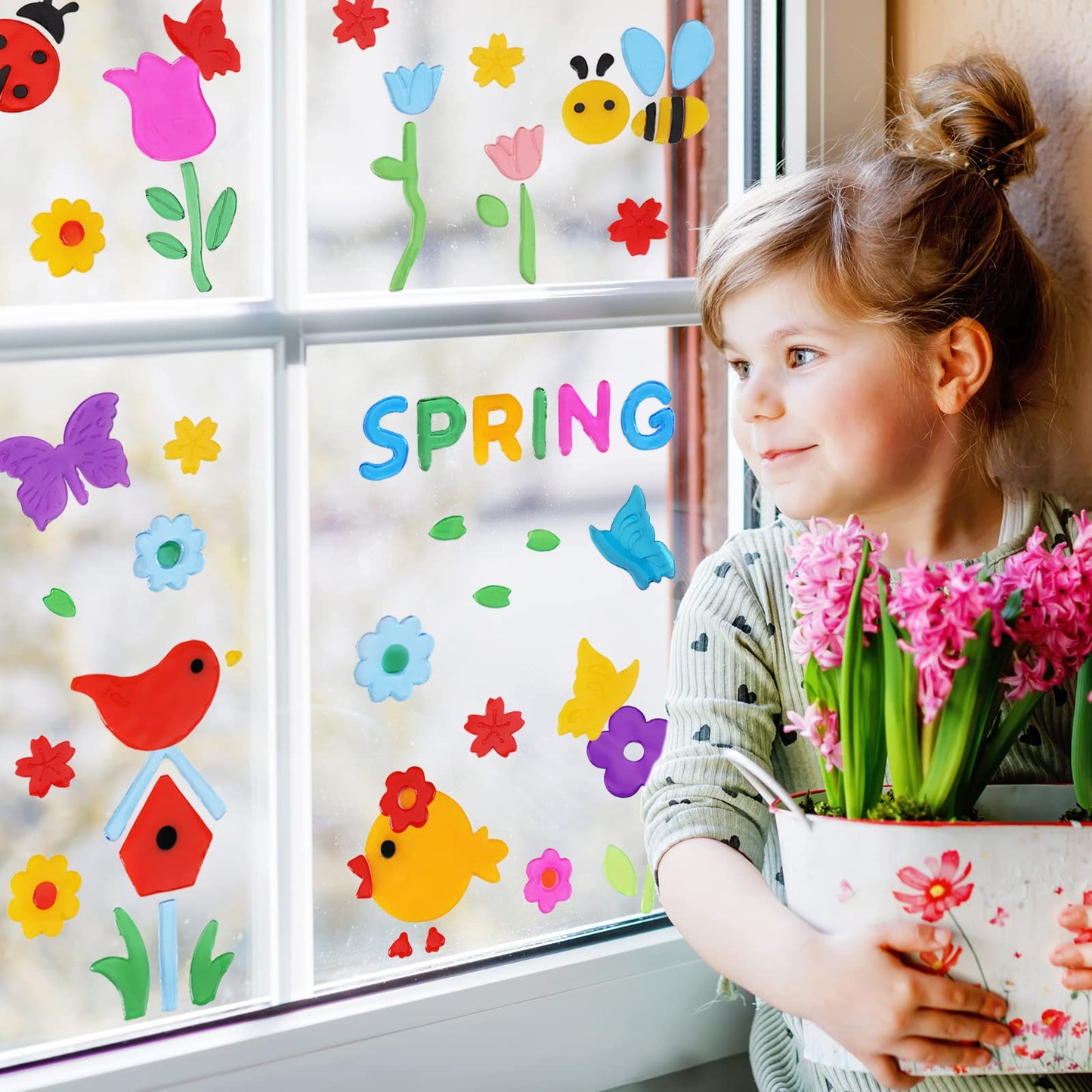 Whaline 7 Sheets Spring Window Gel Clings Flowers Butterflies Bee Beetle Bird Double Side Window Jelly Stickers Decals Decorations for Refrigerators Bedroom Home Office School Holiday Party Gift
