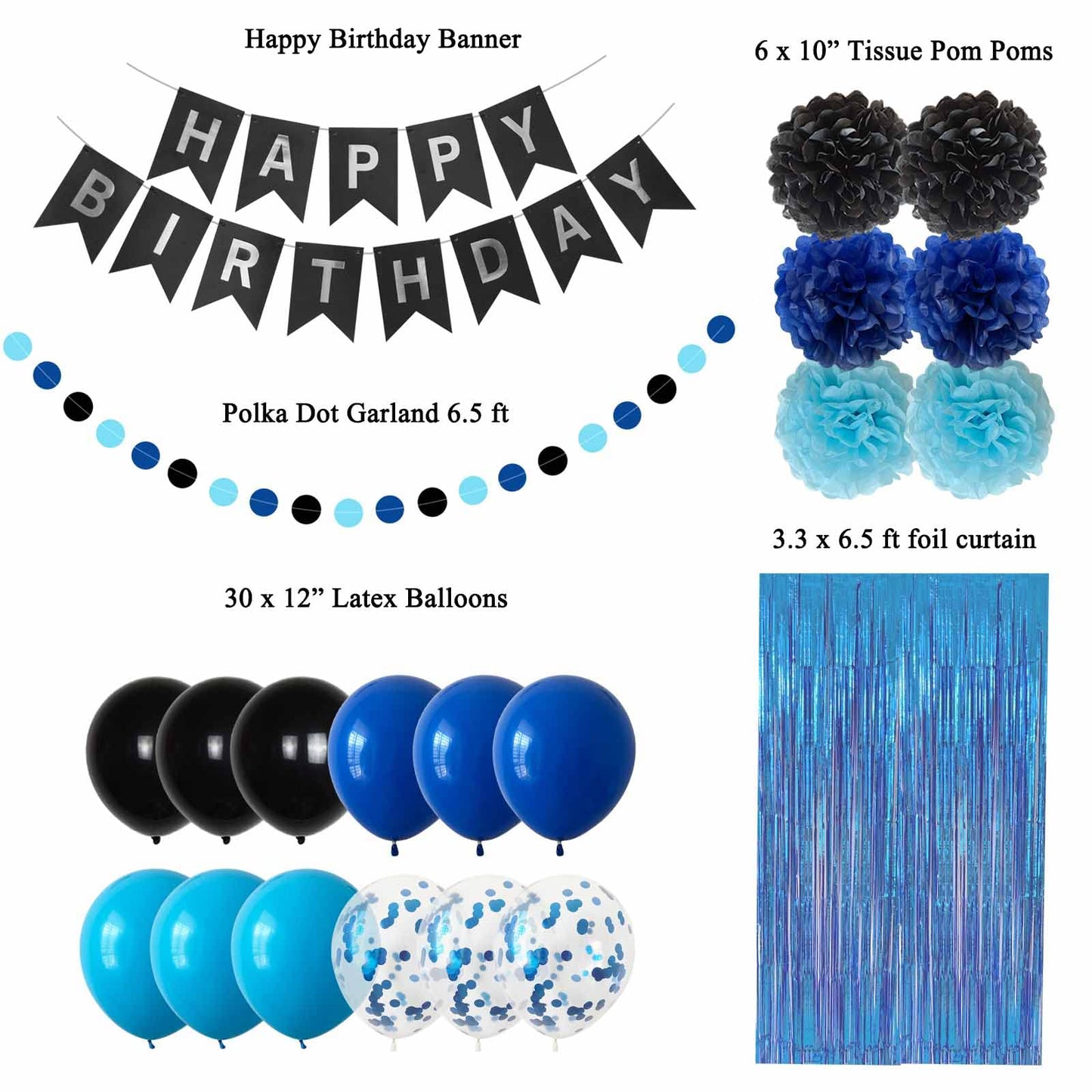 ANSOMO Blue and Black Happy Birthday Party Decorations for Boys Men Banner Balloons Navy Royal Light Blue Pom Poms Foil Curtain Décor Supplies 13th 16th 18th 20th 30th 40th 50th 60th 70th 80th