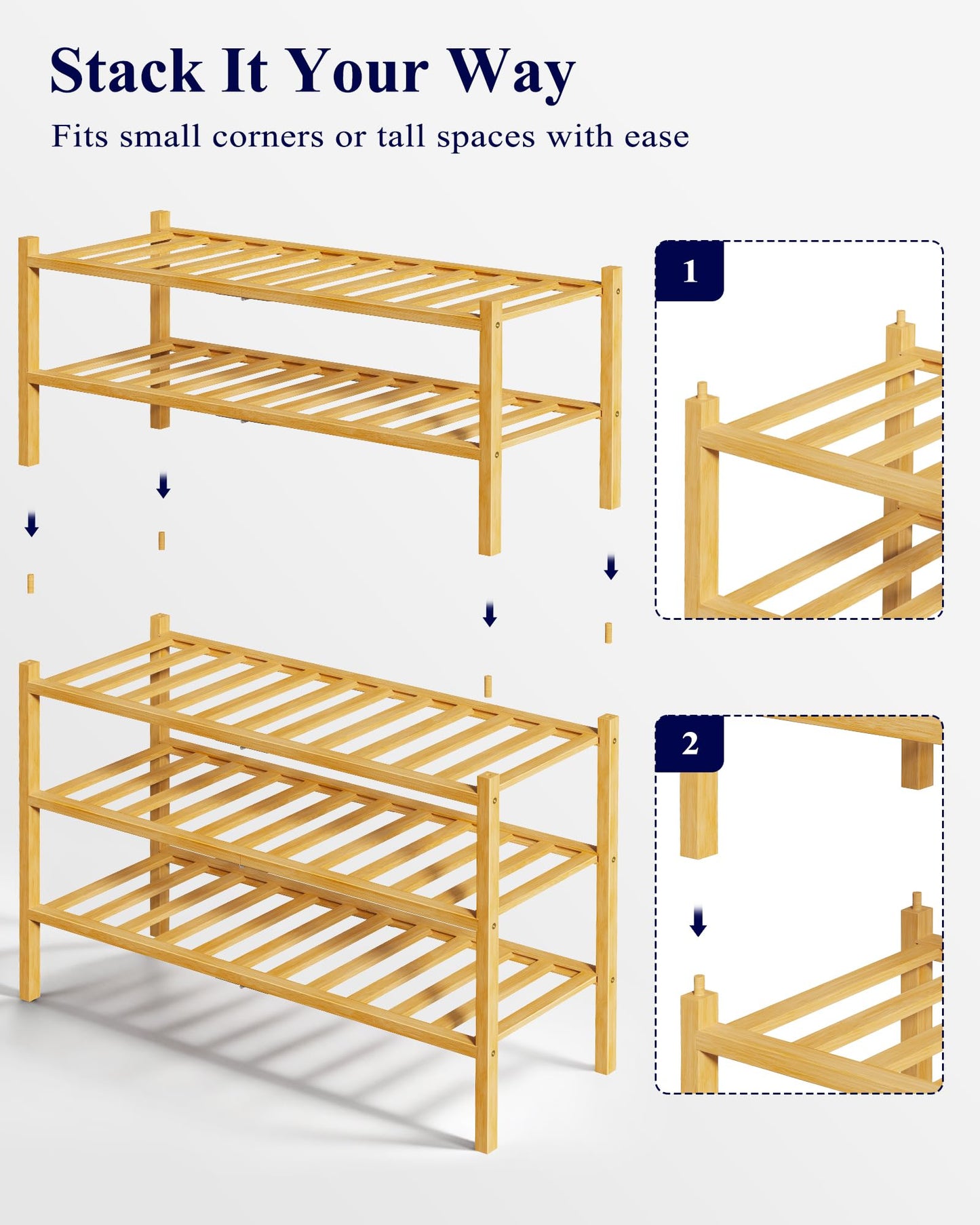 Kitsure Bamboo Wooden Shoe Rack for Closet - Stackable Shoe Organizer with Modular Structure, Space-Saving Shoe Shelf for Entryway, Living Room, Bedroom, 26.8" x 11" x 18.9", Natural