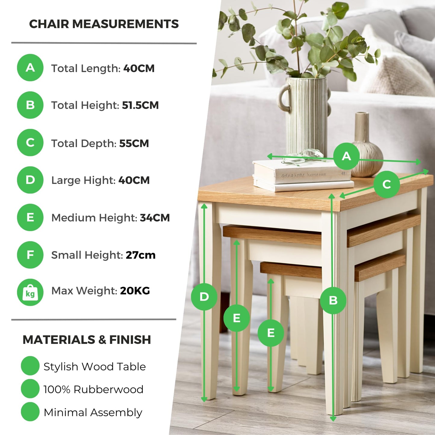 Furniturebox UK Set of 3 Wooden Nesting Tables - Eden Solid Wood Nested Tables - Pale Oak Veneer Tops Cream Legs - Modern Farmhouse Traditional Living Room Furniture - Solid Rubberwood