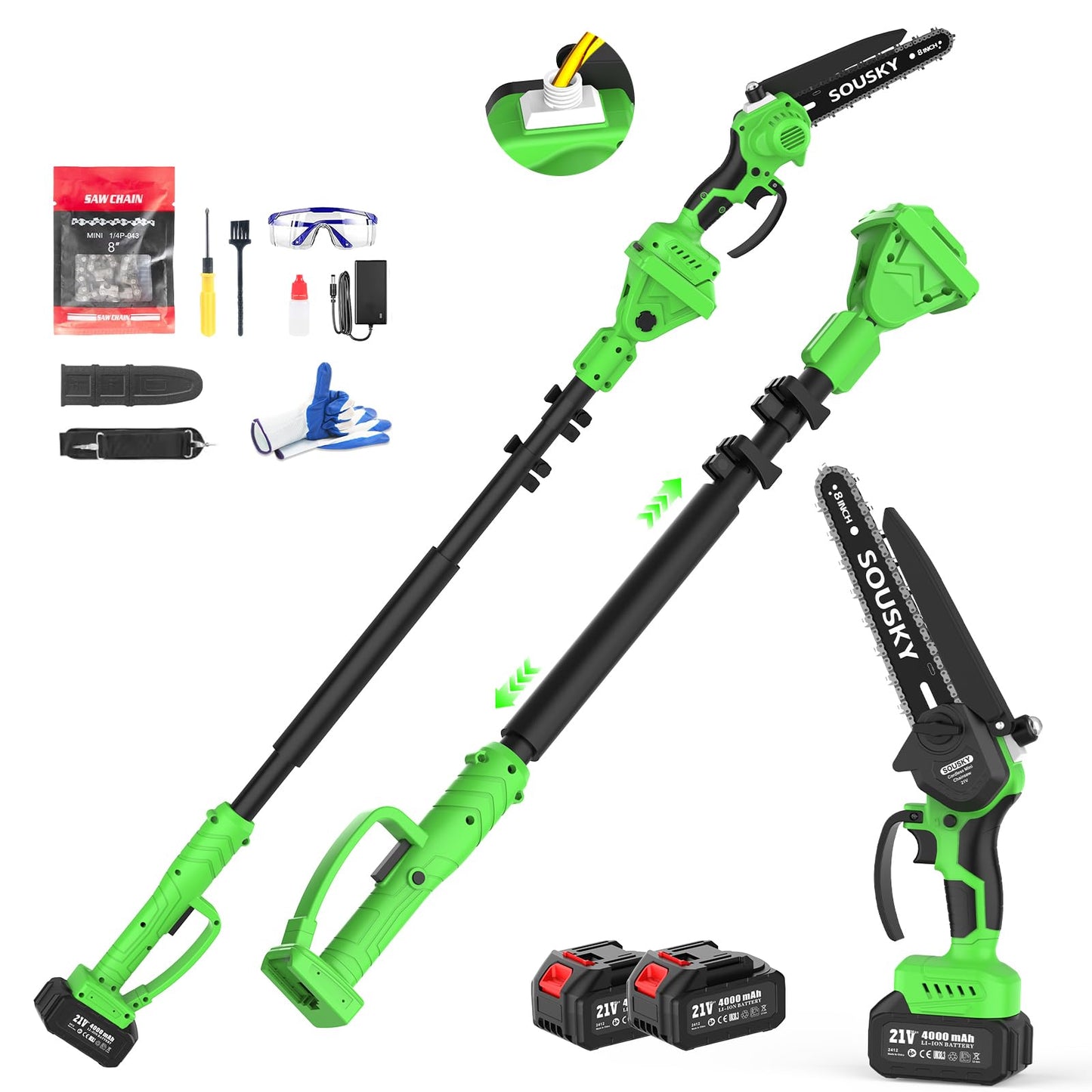 2-in-1 Cordless Pole Saw & Mini Chainsaw, 8 Inch Brushless Battery Chainsaw with 2×4000mAh Batteries, Telescoping Extension Pole, Adjustable Angle Head, Tree Saw for Tree Pruning/Wood Cutting