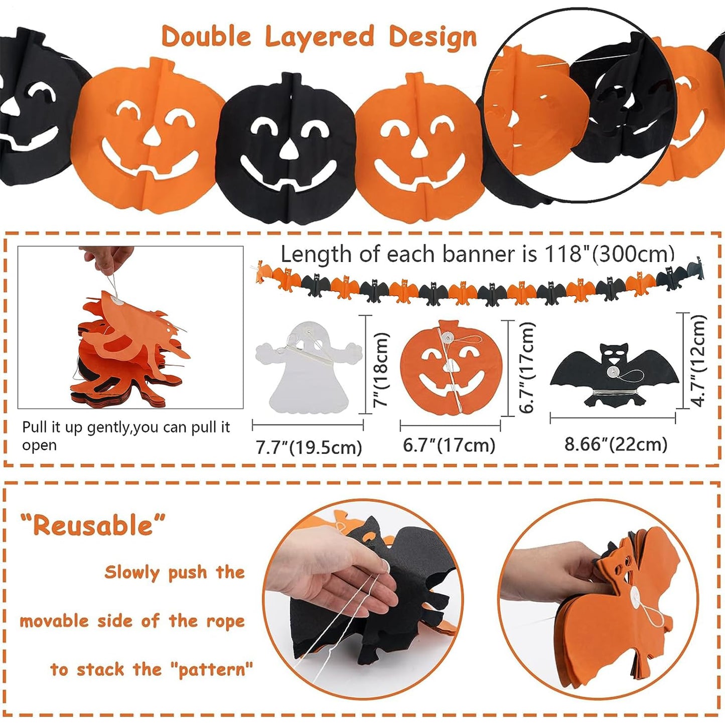 Halloween Decorations Indoor Party Decor, HAPPY HALLOWEEN Accessories with TRICK OR TREAT Banner, 3 PCS Large Garland Bat Ghost Pumpkin, Hanging Party Supplies Backdrop for Home Office Classroom