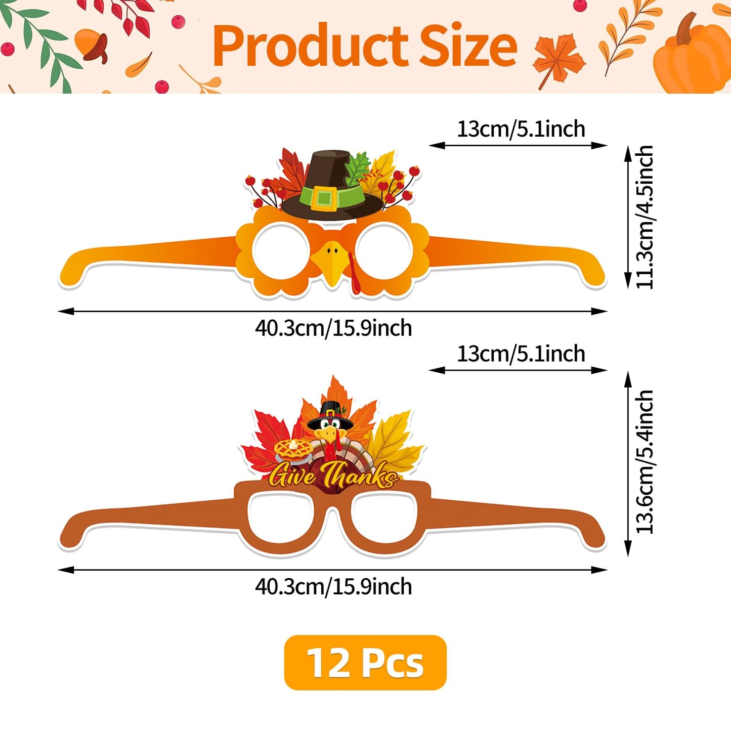 Jremreo 12 Pieces Thanksgiving Paper Glasses, Festival Fall Eyewear with Turkey and Autumn Designs for Holiday Photo Booth Props, Party Favors, and Thanksgiving Day Celebrations for Adults and Kids