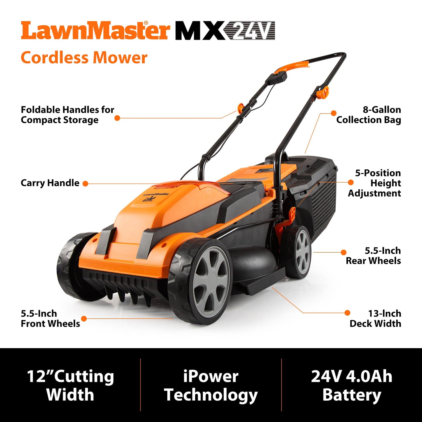 LawnMaster Cordless 24V Max 13-inch Lawn Mower and Cordless Leaf Blower Combo with 2x4.0Ah Batteries and Charger-24VMWBL