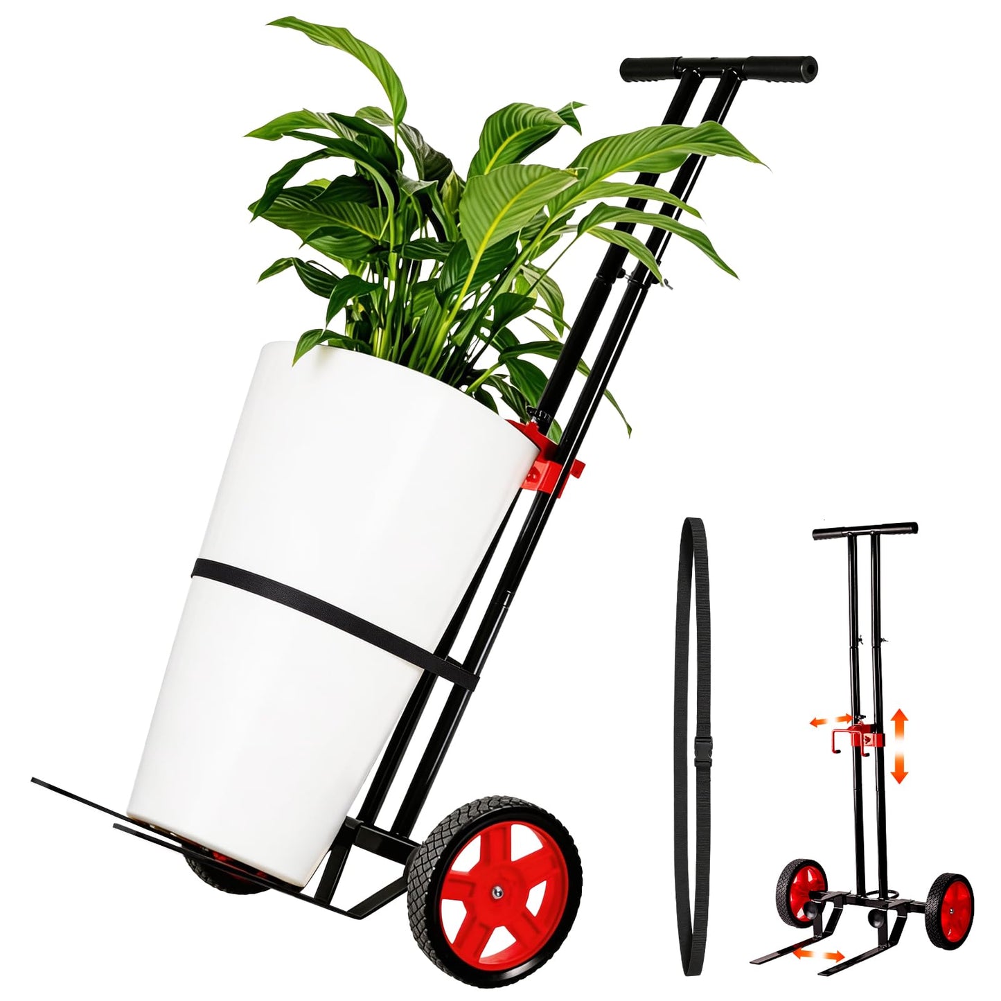 Garden Plant Dolly Cart with Wheels, Heavy Duty Plant Caddy with Adjustable Grabbing Arm, Potted Plant Mover with Suction Cups & Secure Strap, Indoor and Outdoor Gardening Cart Plant Pot Lifter