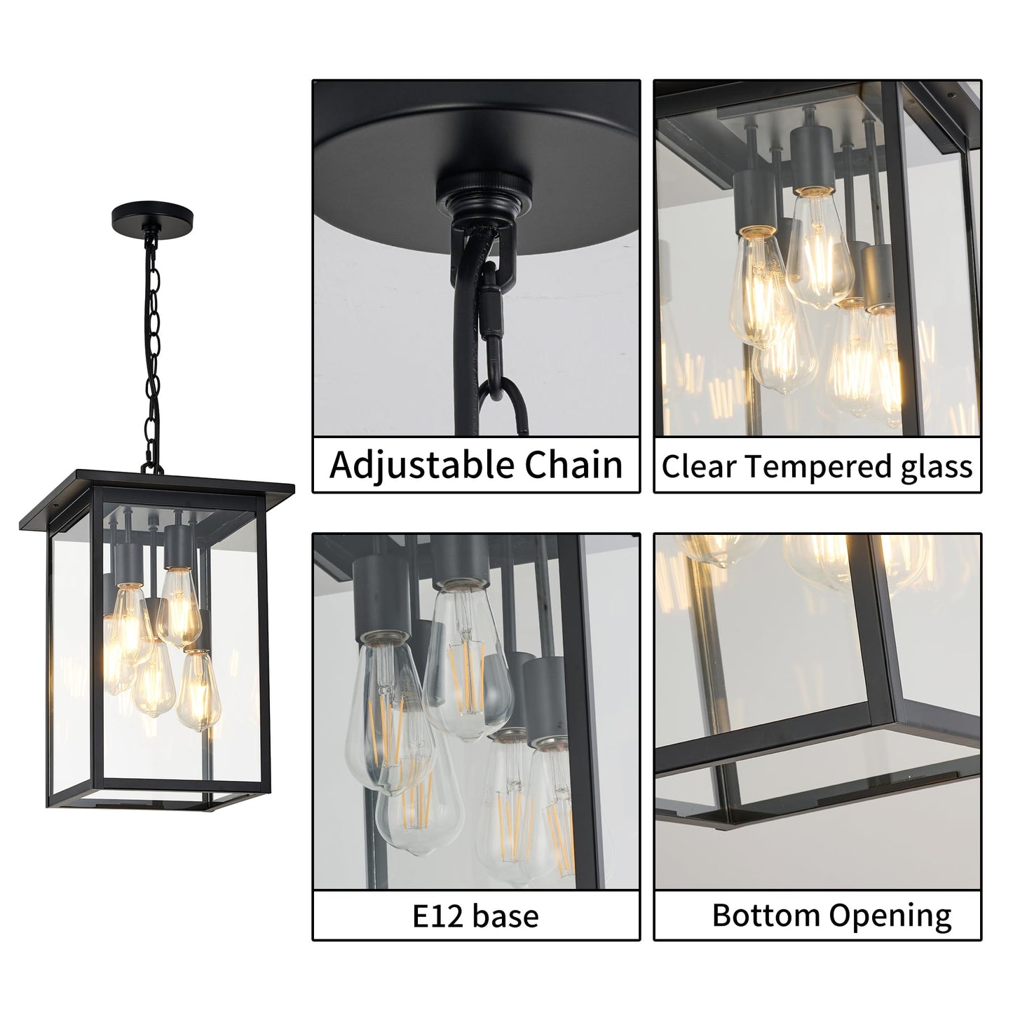 Modern Outdoor Pendant Light with Dual E26 Base Socket, Black Chandelier with Clear Glass Shade, Exterior Hanging Lantern for Front Porch Entrance Foyer Entryway