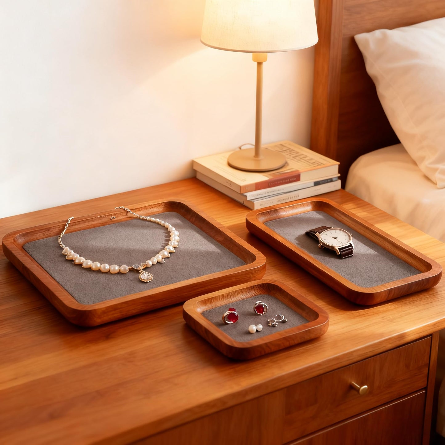 YUQIN Wooden Jewelry Display Tray Rounded Rectangle Ring Showcase Stackable Elegant Bracelet Watch Jewelry Organizer for Personal Use and Commerce (Gray, Large-W 7'' x H 0.6'' x L 7.9'')