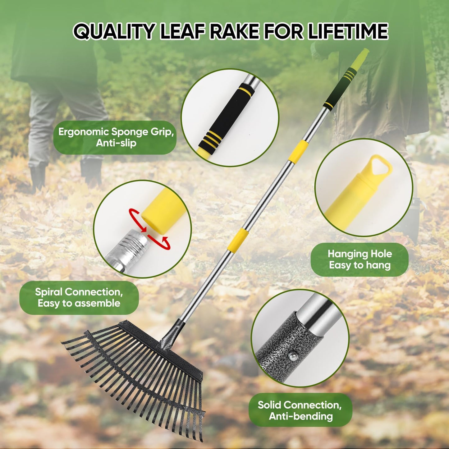 Coopvivi Rake Heavy Duty 6FT Long Garden Rake , 18.5 Inch Wide Leaf Rake for Lawns, 25 Metal Tines, Adjustable Stainless Steel Handle, Rakes for Leaves, Yards, Grass, Garbage, Weeds, Debris (Yellow)