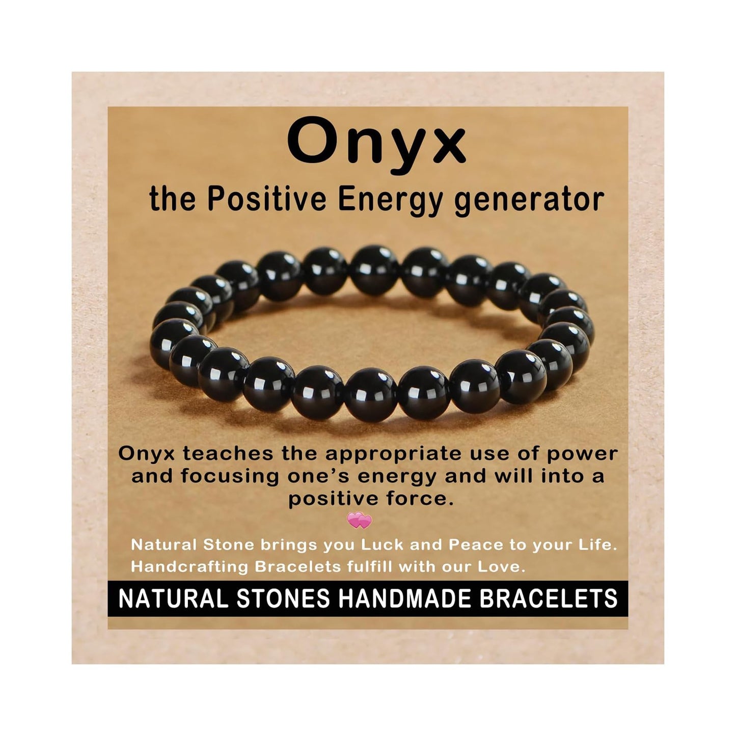 AD Beads Handmade Gemstone Stretch Elastic Bracelet Crystal Healing Reiki Nature's Beauty and Spiritual Essence Unisex (8mm, Black Onyx)