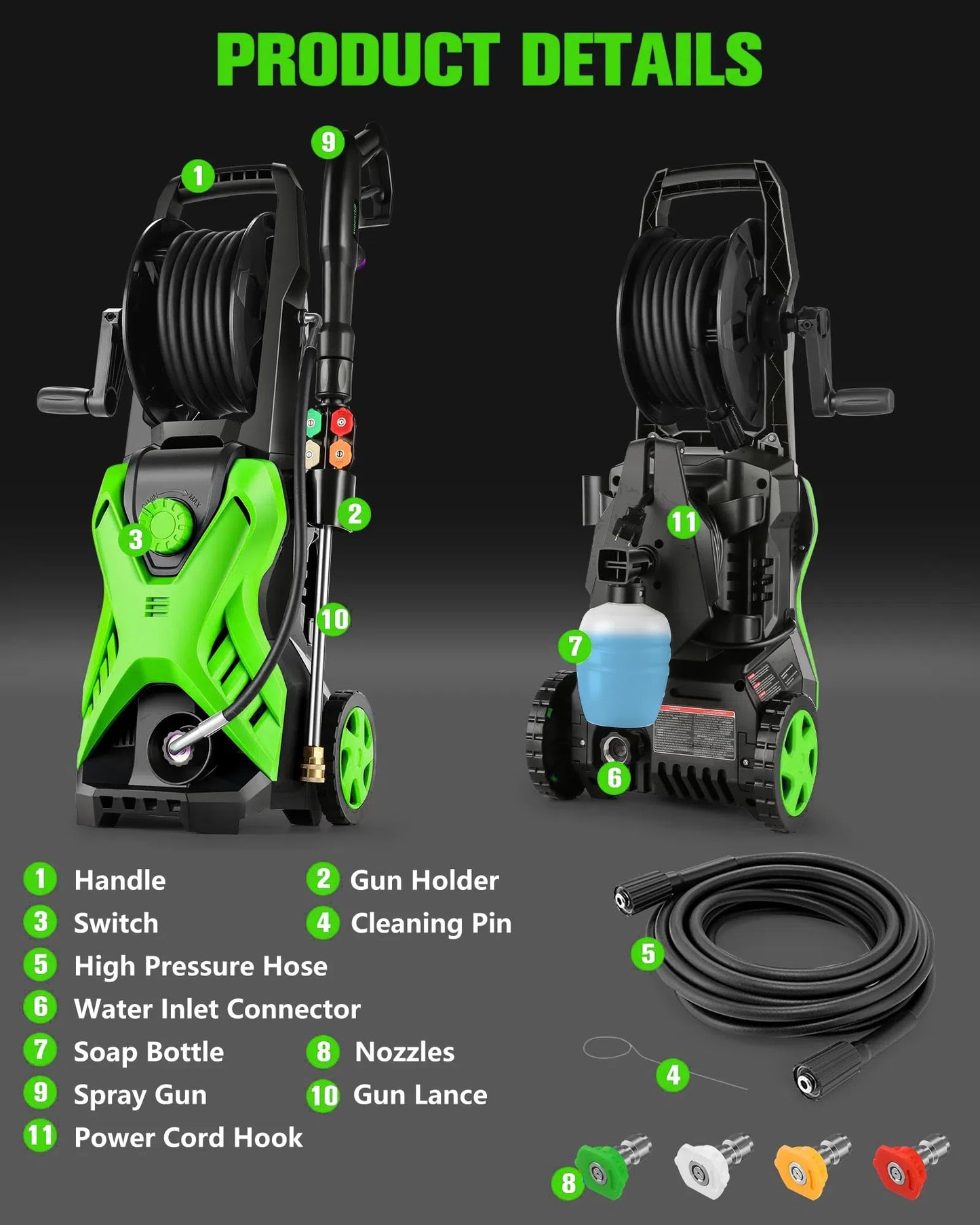 Electric Pressure Washer, 2.8 GPM High Power Washer Adjustable Pressure 2500PSI-5000PSI with 33FT Extension Hose Reel, 4 Nozzles and Soap Bottle for Cars/Fences/Driveways