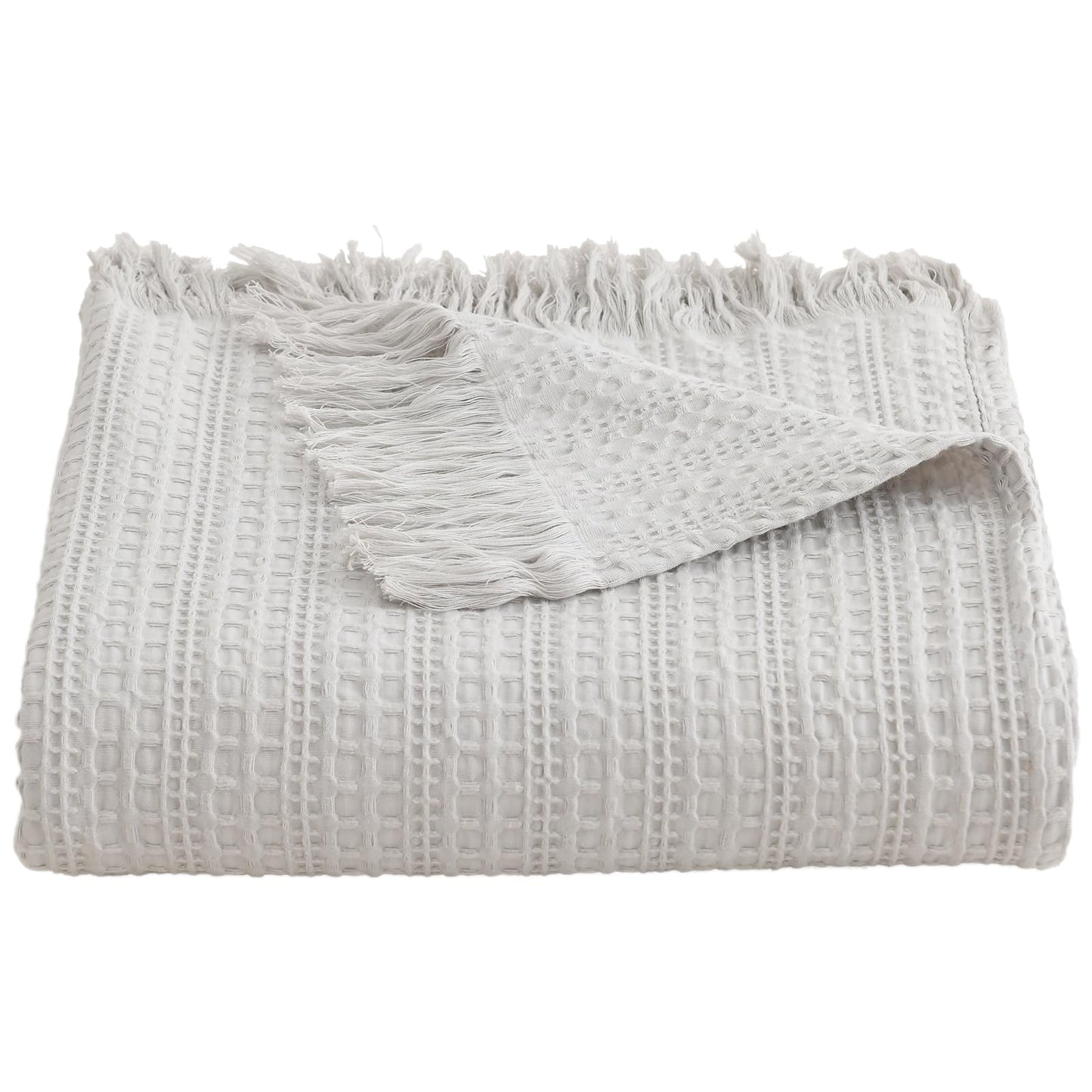 100% Cotton Waffle Blanket with Fringe, Pre-Washed Waffle Weave Blanket for All Season, Lightweight Breathable Soft Cozy Throw Blanket for Couch, Bed, Travel (Light Grey - 50x60 Inches)