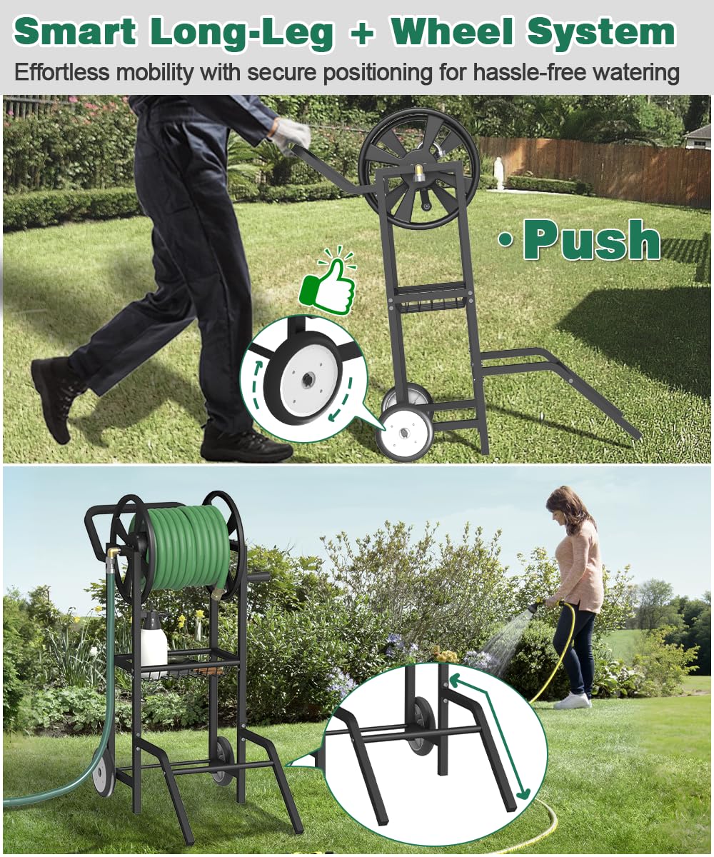 Artigarden Hose Reel Cart with 2 Wheels, Garden Water Hose Holder Heavy Duty Powder Coated Steel Outdoor Winder Storage Holds 125 ft 5/8" Hoses with Basket and 3.9ft Leader Hose for Backyard, Black