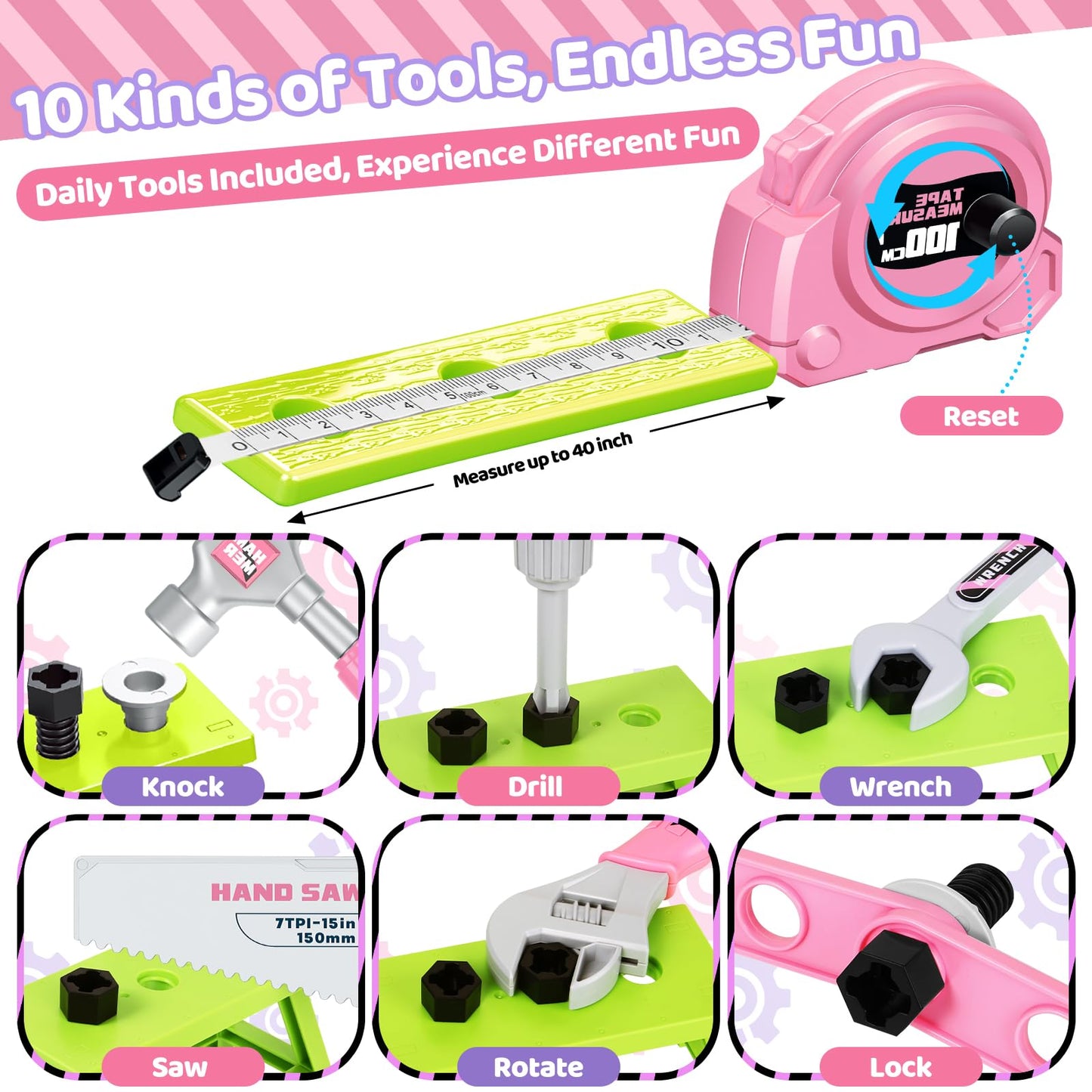 Kids Tool Set with Portable Tool Box & Electronic Toy Drill, Toddler Tool Set, Construction Tools for Kids Ages 3 4 5 6, 46 Pcs Tool kit for Christmas & Birthday Gifts for Girls
