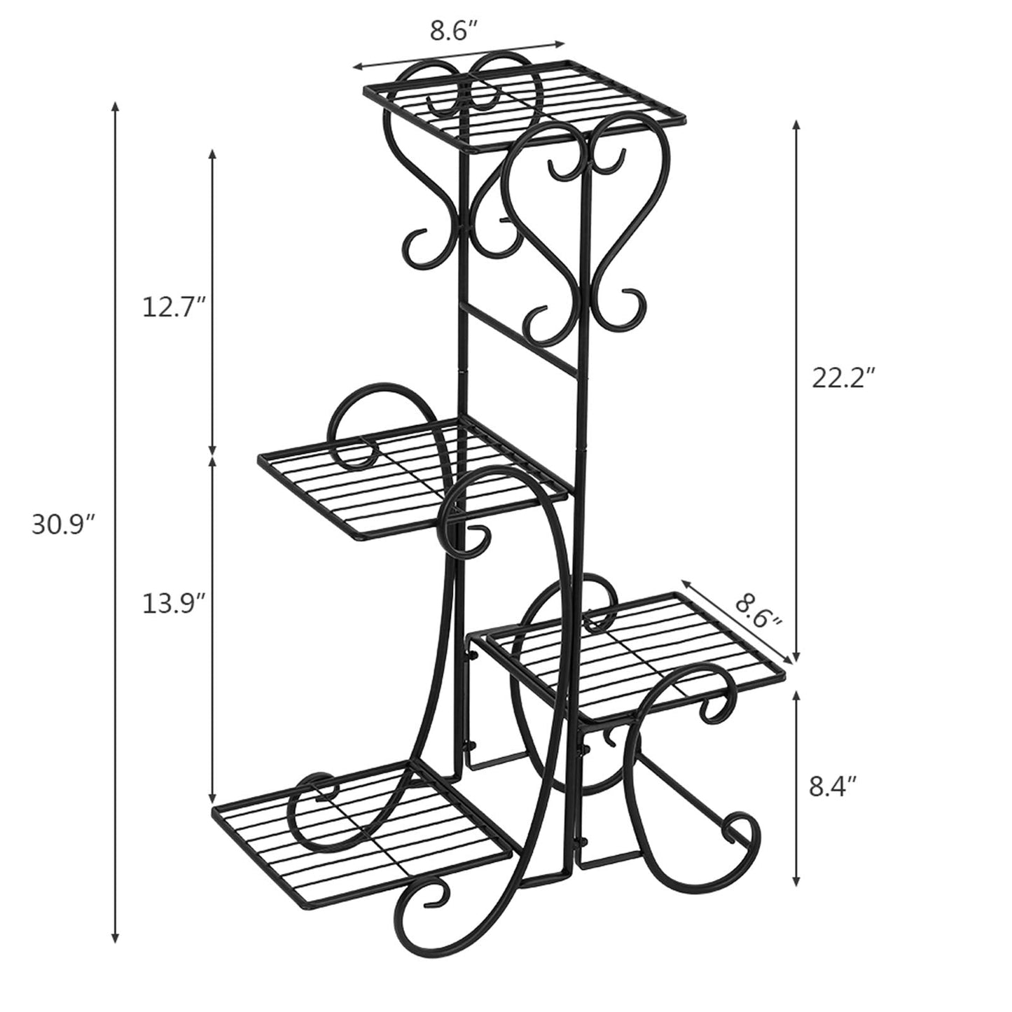 Plant Stand Indoor Outdoor - 4 Tier Corner Shelf Shelves Decoration Display Rack - Metal Wrought Iron Multi Flower Planter Potted Holder Organizer for Living Room Balcony Garden Patio Black
