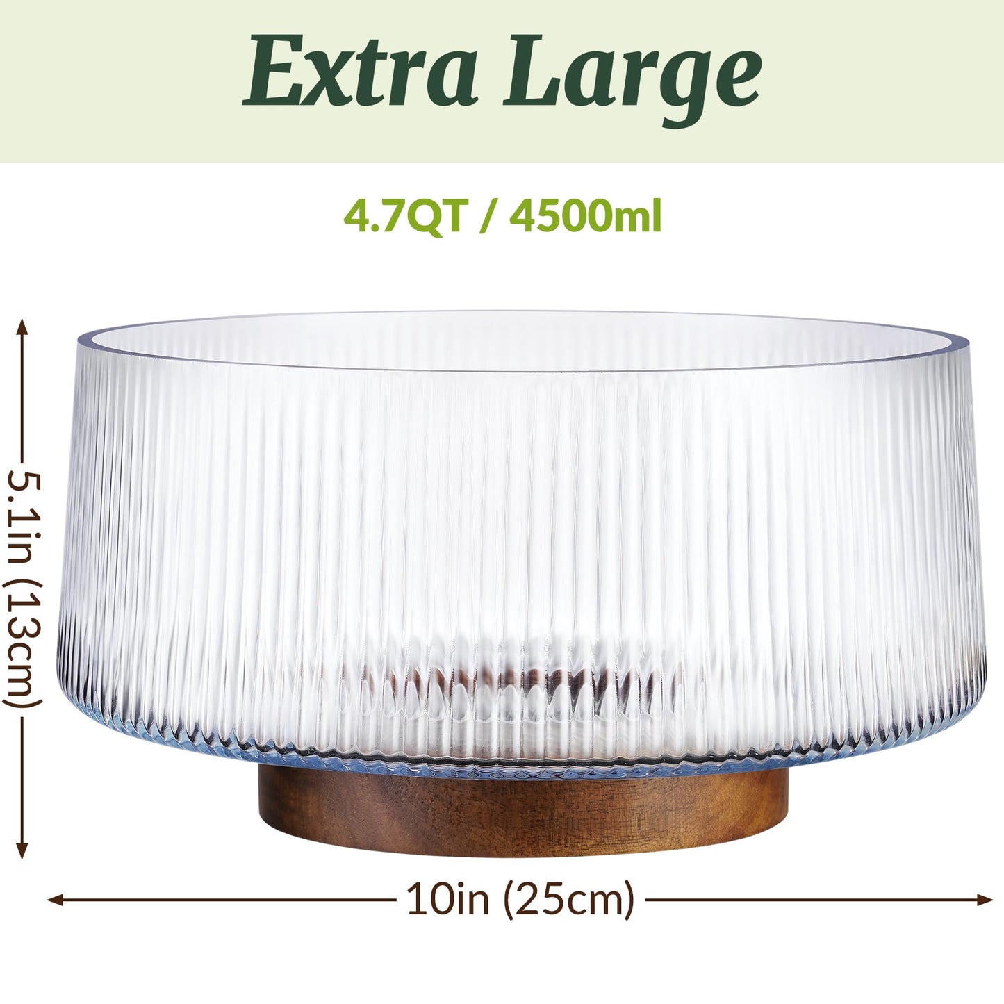 NiHome Extra Large Glass Salad Bowl with Natural Acacia Wood Base, Ribbed Design Oversized Capacity for Family Dinners, Parties, Multipurpose for Serving Salads, Fruits, Wine(Separate-Piece Design)