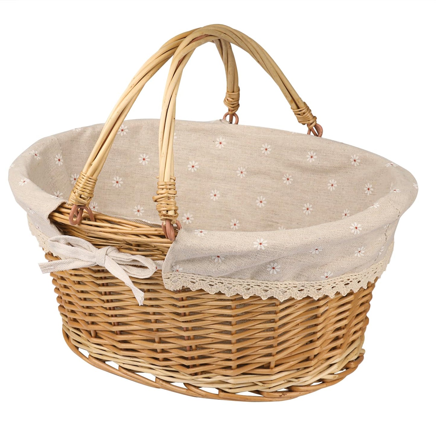 Large Multipurpose Wicker Basket with Handle, 14.2 x 11 x 6.7 in Wicker Picnic Basket with Liner, Empty Gift Basket, Oval Willow Woven Basket for Fruit, Wine, Gathering, Wedding, Picnic, by GNIEMCKIN