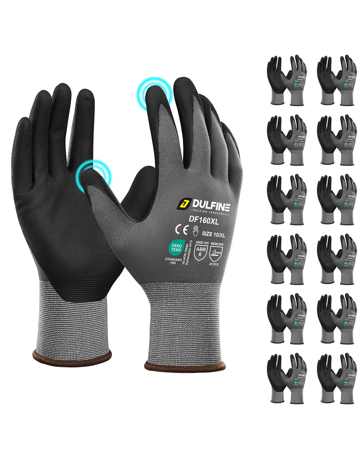 DULFINE Safety Work Gloves MicroFoam Nitrile Coated-12 Pairs Pack,Seamless Knit Nylon Glove with Black Micro-Foam Nitrile Grip,Ideal for General Purpose,Automotive,Home Improvement,Painting(Medium)