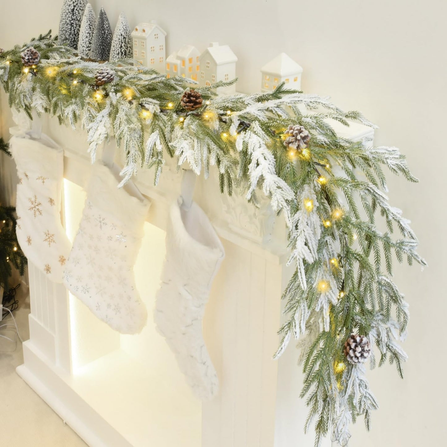 YoleShy 6FT Real Touch Norfolk Pine Garland Christmas Garland with Pinecone and White Snow (1, 6 FT)
