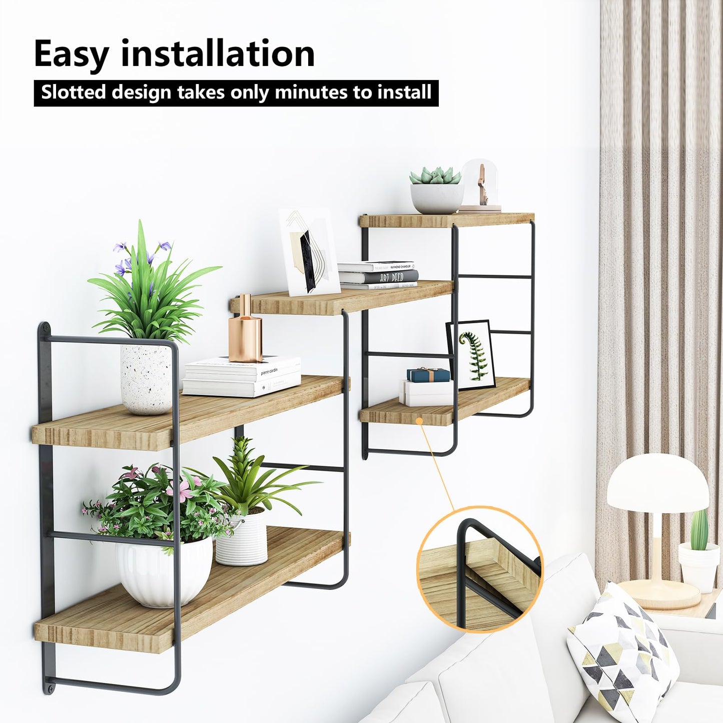MXCSE Wall Shelves, Wall Mounted Bookshelves, DIY Floating Shelves for Wall, Wood Hanging Book Shelves for Room, Bedroom, Living Room, Easy Installation (Wooden, 50W x 17H)