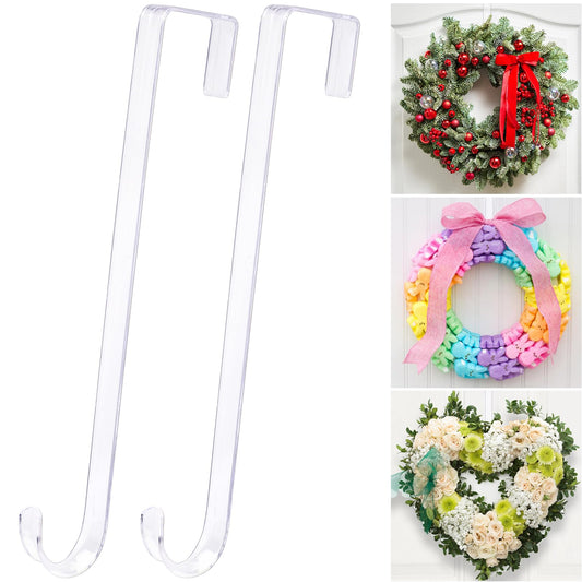 ZYSUN 12" Clear Wreath-Hanger Non Scratch Over The Door Hooks,2 Pack Easter Halloween Christmas Decoration Welcome Sign for Front Doors Décor Inside Outside,Slim Hangers Organizer for Home
