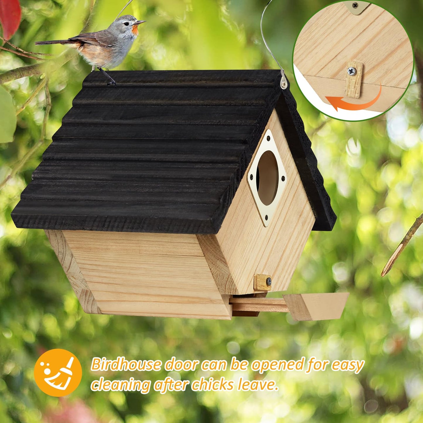 NATUREYLWL Bird House for Outside, Outdoor Bird Houses for Bluebirds, Finches & Cardinals, Wooden Birdhouse with Easy Clean Design, Hanging Birds Nest Box for Garden Decoration (8.6 x 5.9 x 7 Inch)