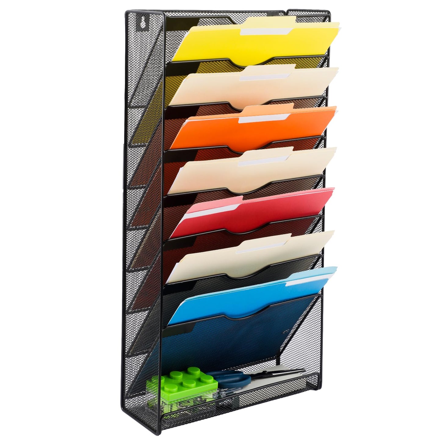 EASEPRES Desk File Organizer Mesh 9-Tier, Hanging Wall Mount Document Organization Stand, Desktop Vertical Mail Paper Folder Holder Rack with Bottom Tray for Office Home Cubicle Countertop, Black