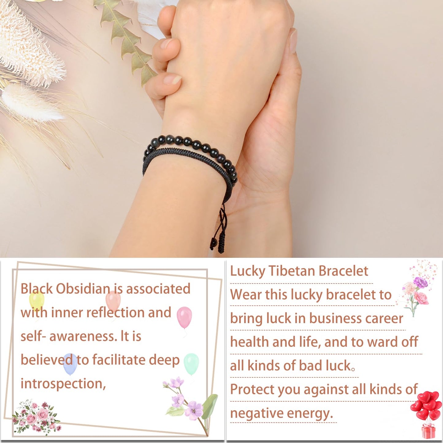 LPBeads 6mm Black Obsidian Bracelet with Handmade Rope Bracelet Size Adjustable Natural Stone Crystal Healing Bracelets Gifts for Unisex Adults