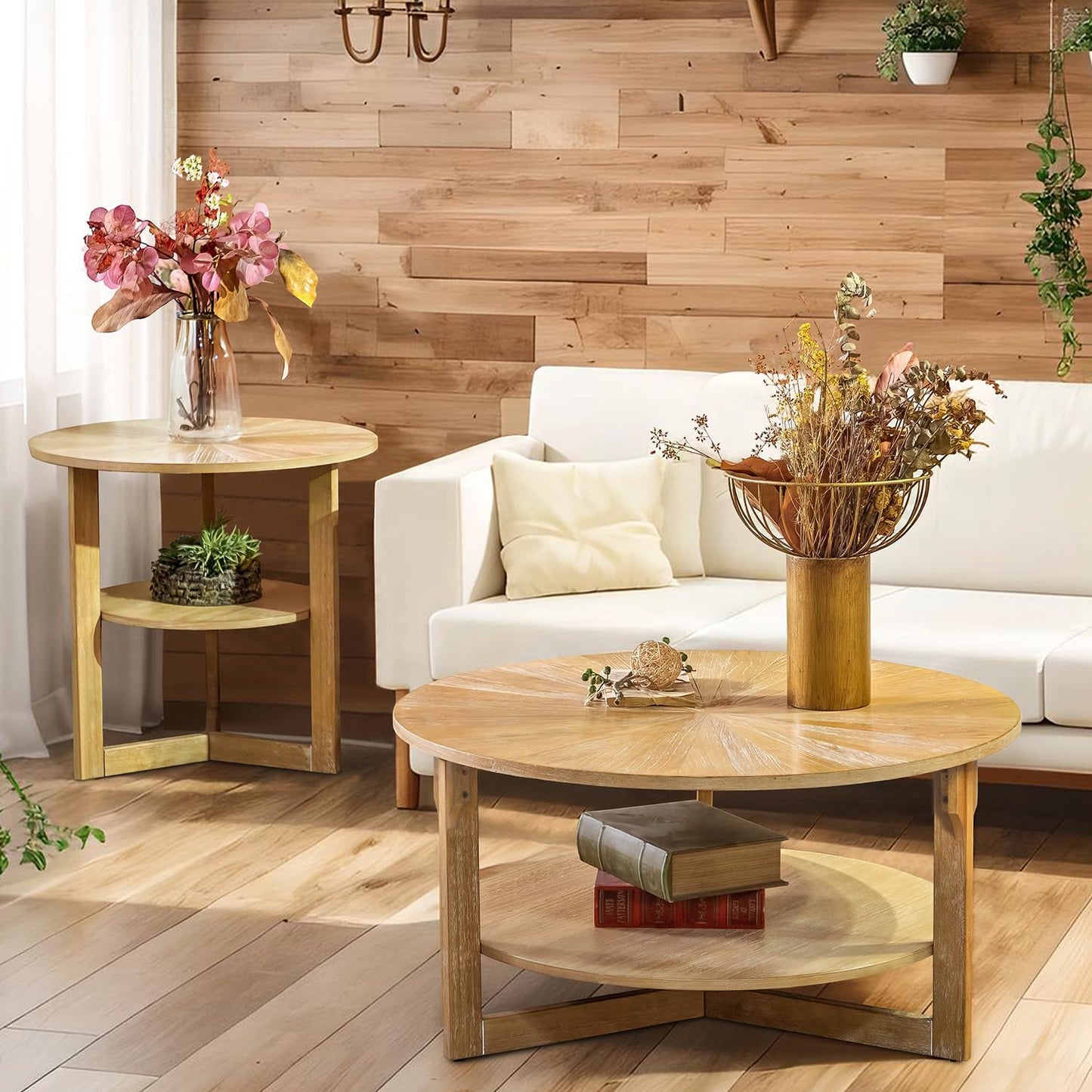 DS-HOMEPORT Round Coffee Table, 35" Circle Wood Coffee Table with Storage Shelf, 2 Tier Center Table for Living Room Apartment Home Furniture, Easy Assembly (Light Brown,35" Dx35 Wx18 H)