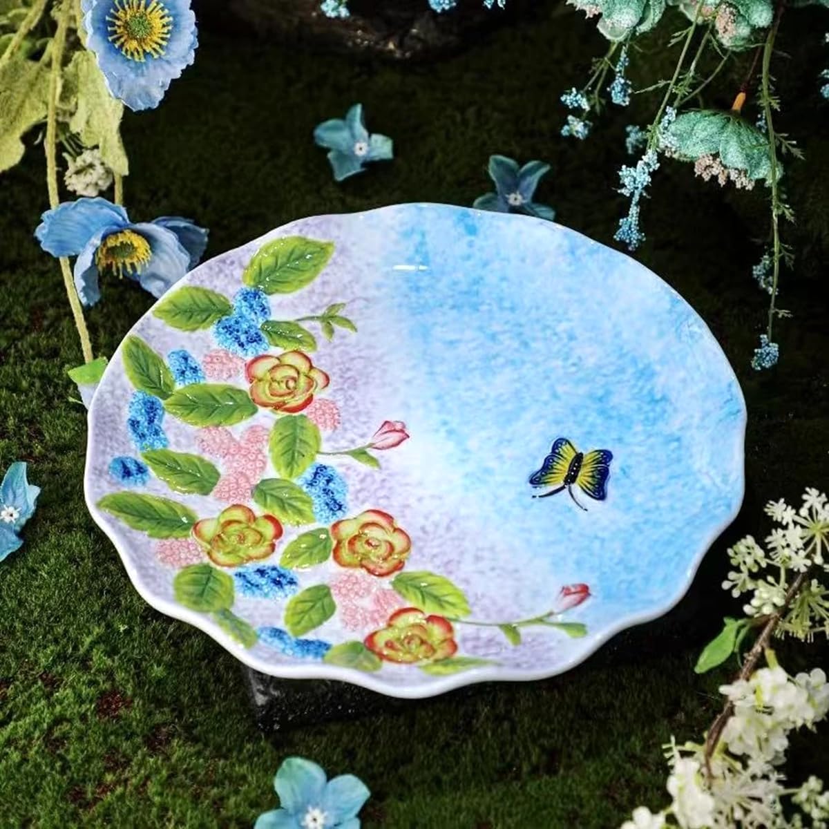 Handmade Relief Painted Ceramic Plates with Lifelike Floral & Butterfly Patterns, Smooth Glossy Decorative Serving Plates for Salads, Snacks, Fruits & Appetizers, Warm Cozy Home Dining Ambiance