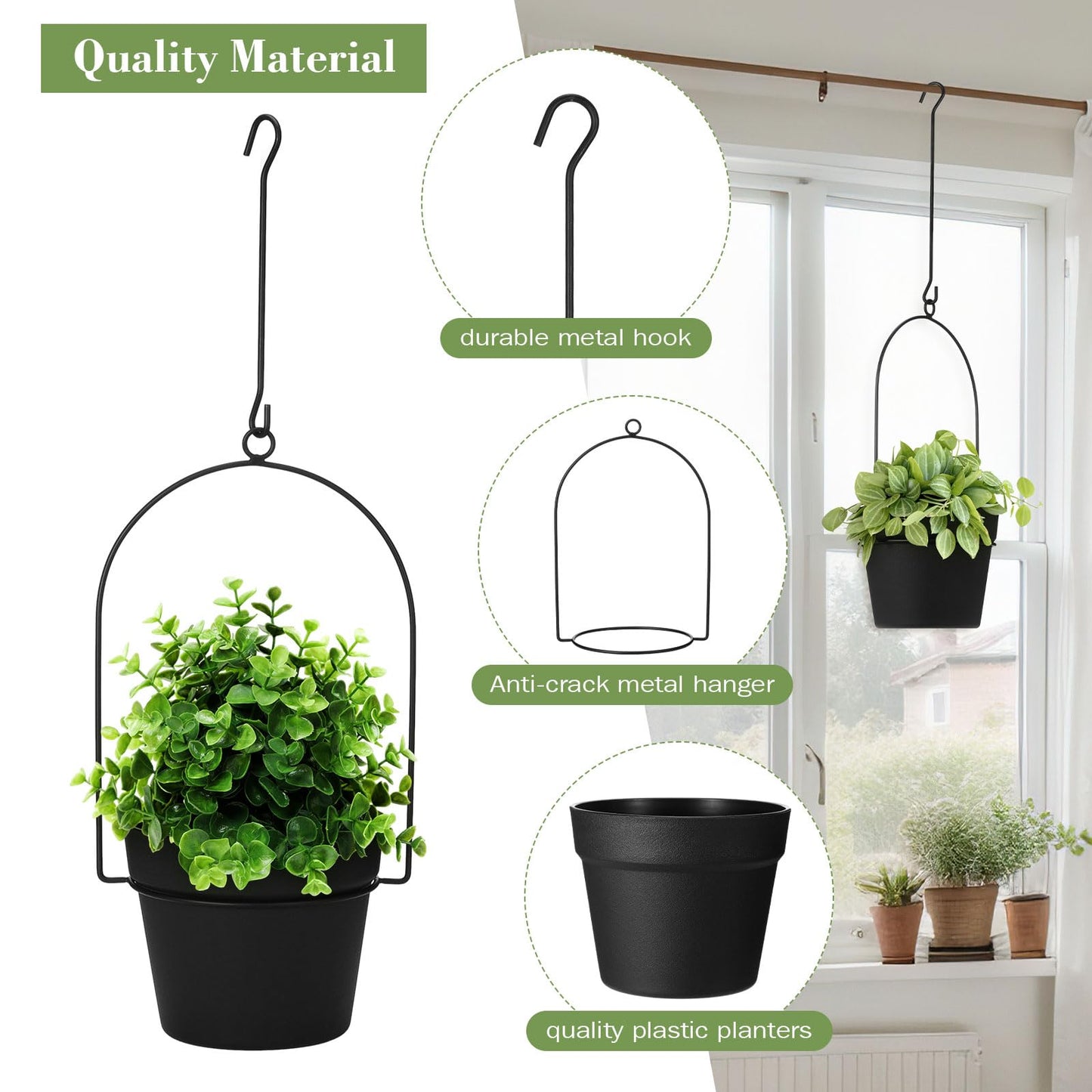Hushee 10 Packs Metal Hanging Planters for Outdoor Indoor Plants Plant Hanger with 6.3'' Plastic Pots Hanging Planter Basket for Garden Home Porch Decor (Black)
