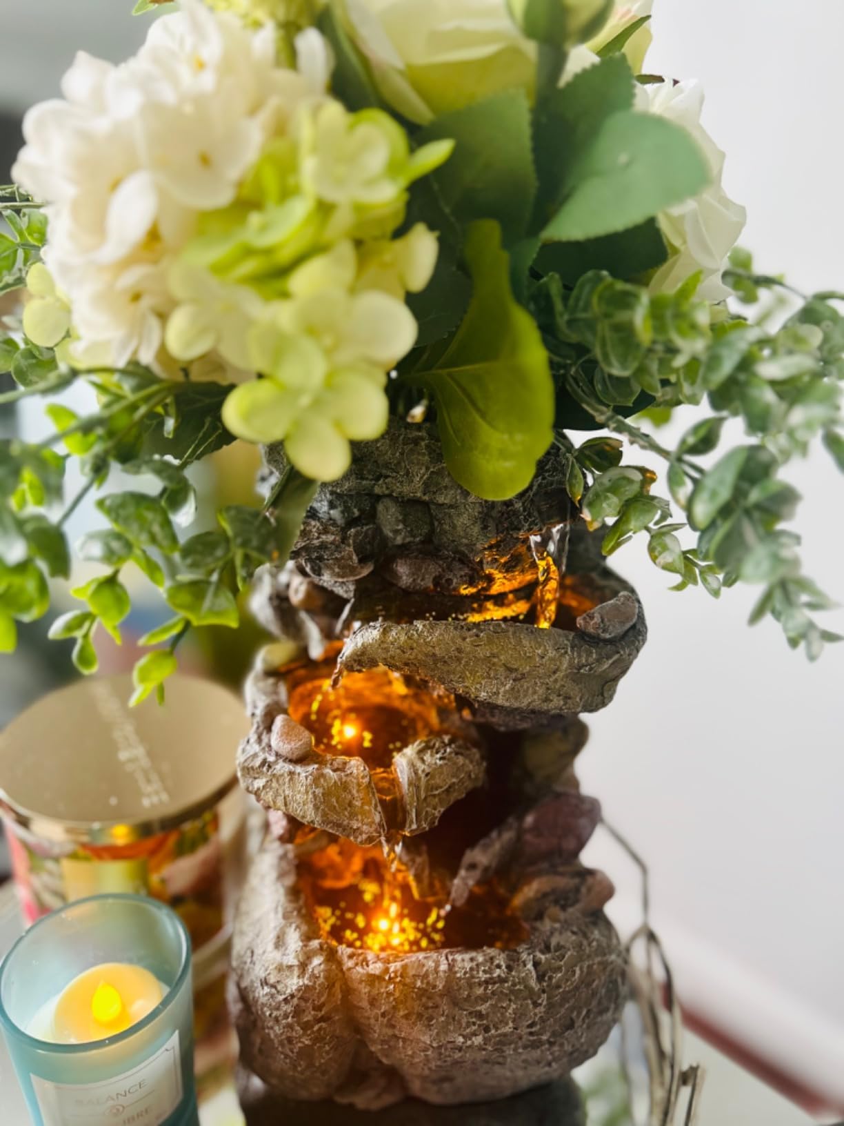 Tolevoit Tabletop Water Fountain with LED Lighting for Indoor Decor and Ambiance Relaxation Soothing Sound Waterfall Indoor Zen Relaxation for Office Home Decorations Growing Plants by Yourself